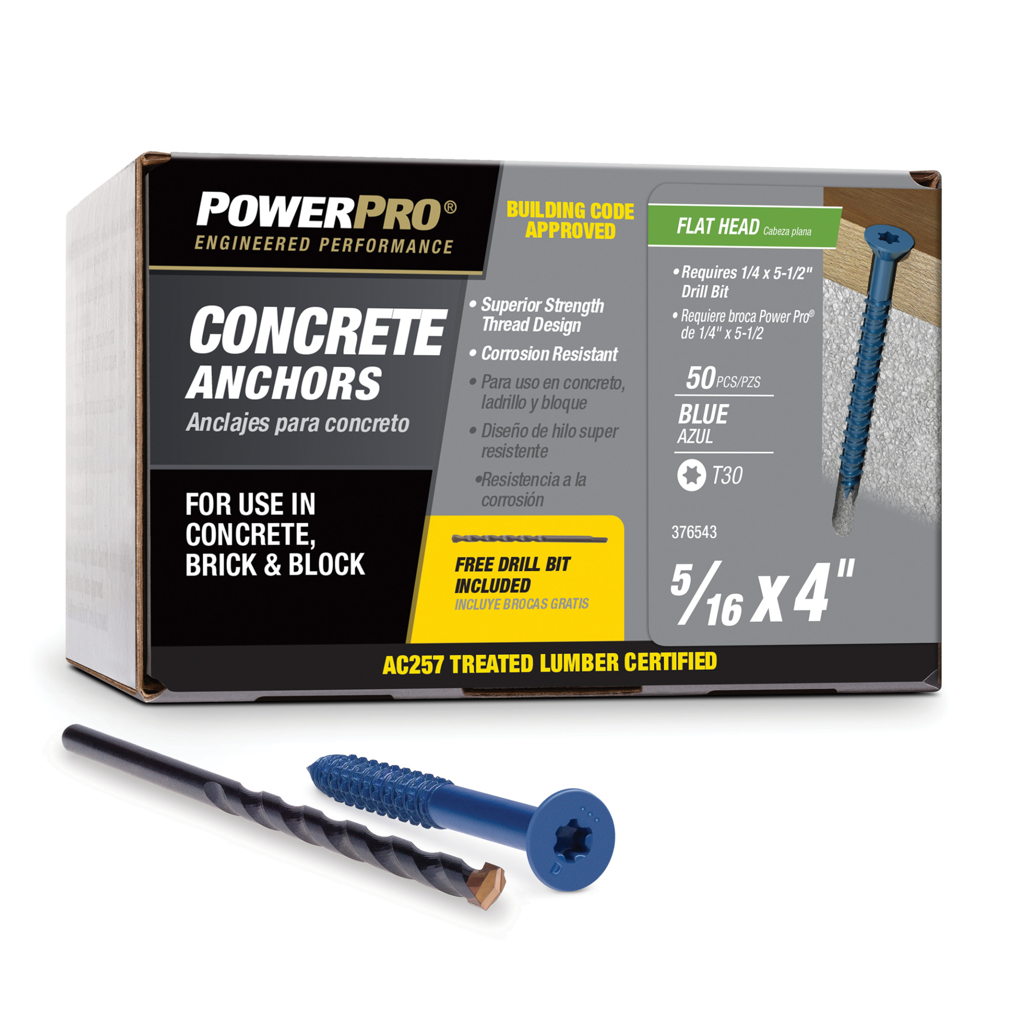 Power Pro Blue Flat-Head Concrete Screw Anchor (5/16 in. x 4 in.) - 50 pc