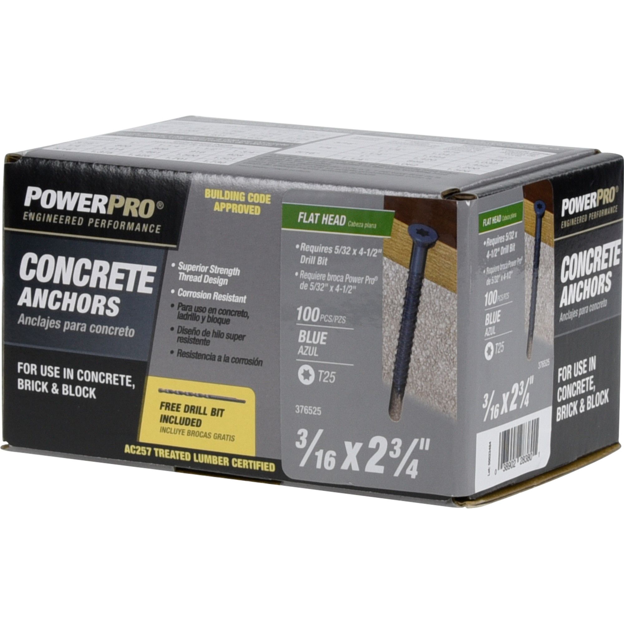Power Pro Blue Flat-Head Concrete Screw Anchor (3/16 in. x 2-3/4 in.) - 100 pc