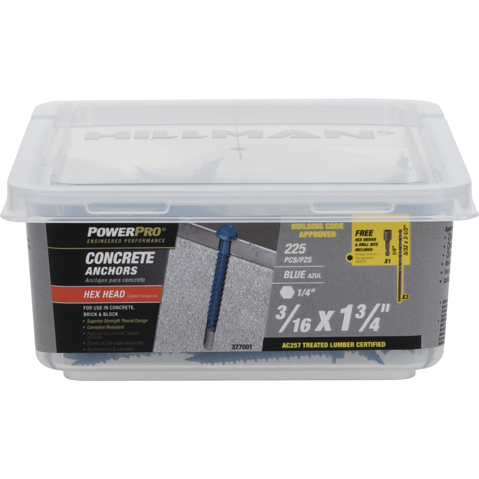 Power Pro Blue Hex Washer-Head Concrete Screw Anchor (3/16 in. x 1-3/4 in.) - 225 pc