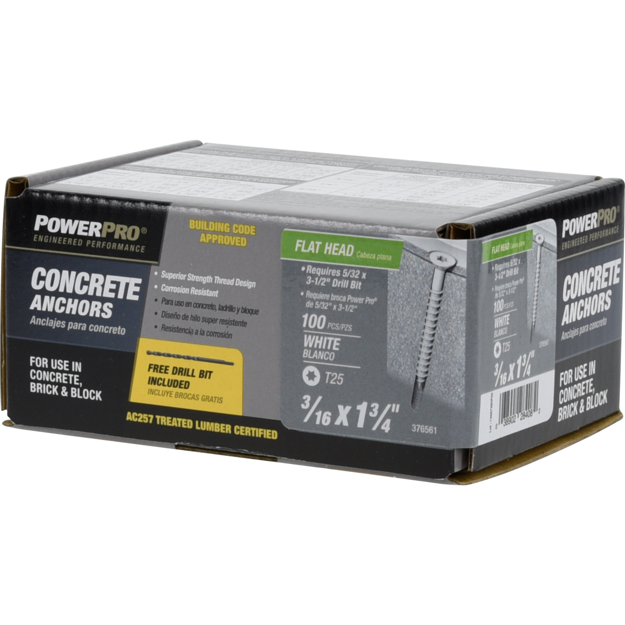 Power Pro White Flat-Head Concrete Screw Anchor (3/16 in. x 1-3/4 in.) - 100 pc