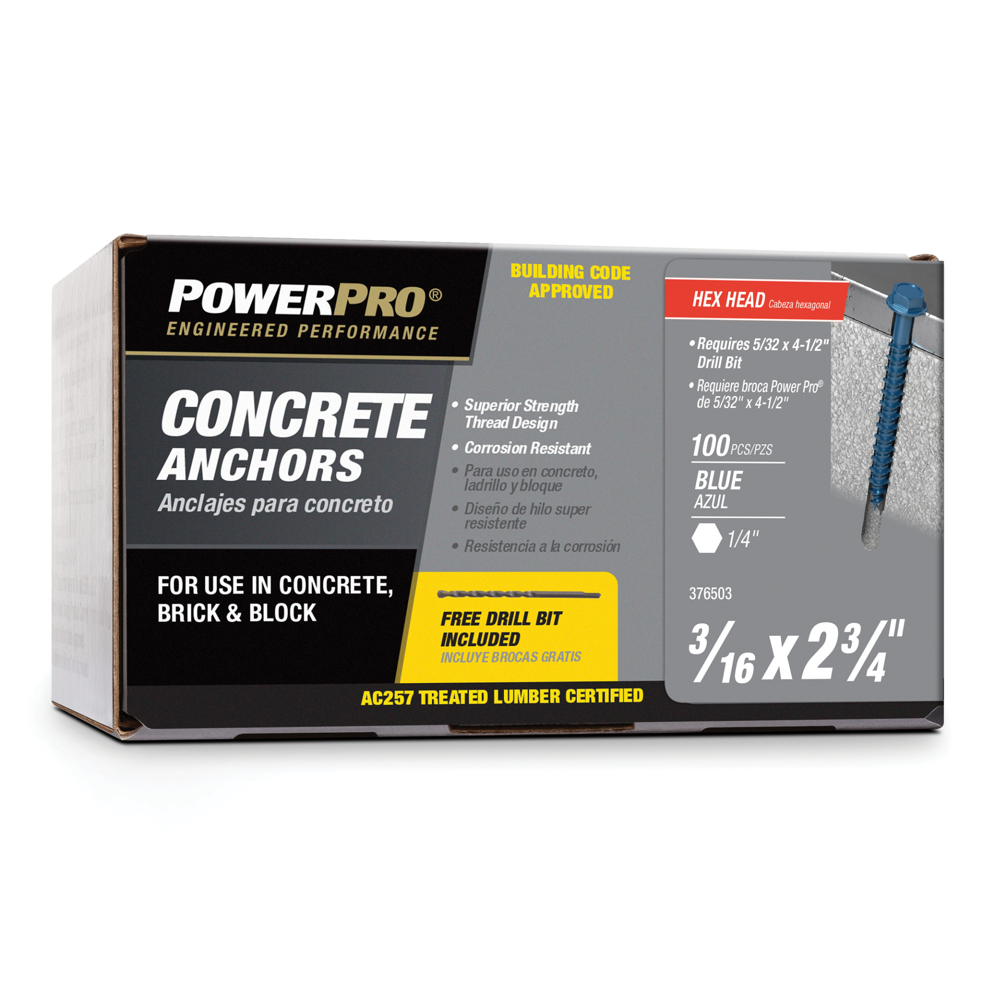 Power Pro Blue Hex Washer-Head Concrete Screw Anchor (3/16 in. x 2-3/4 in.) - 100 pc