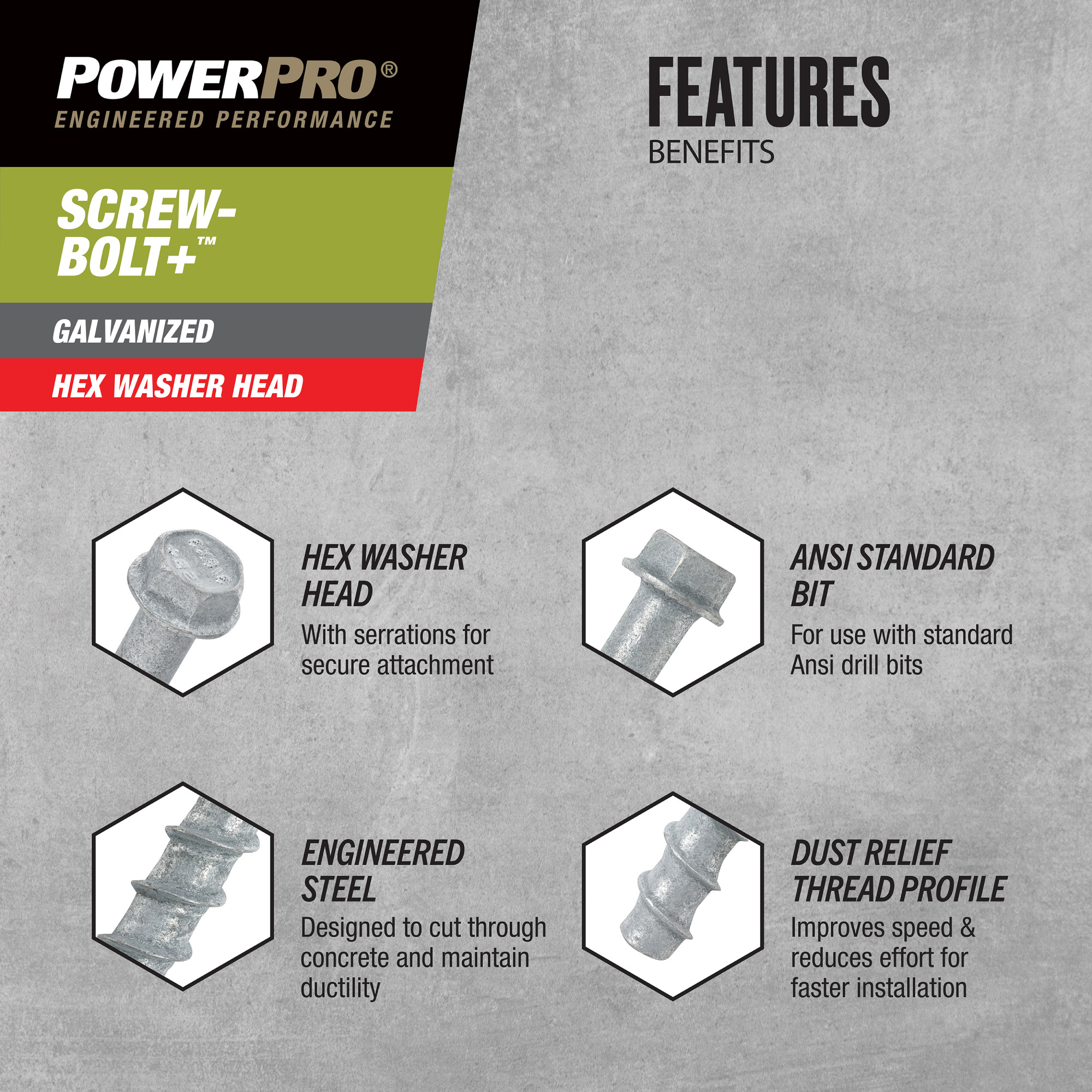 Power Pro Galvanized Hex Washer Head Screw-Bolt+ Anchors (1/2 in. x 5 in.) - 25 pc