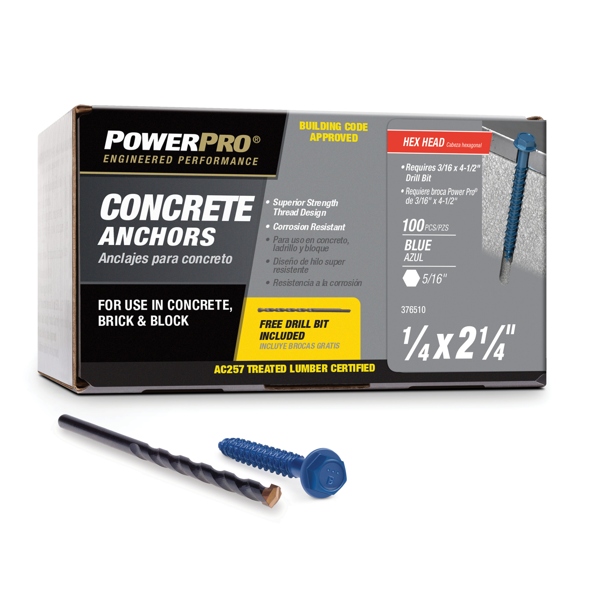 Power Pro Blue Hex Washer-Head Concrete Screw Anchor (1/4 in. x 2-1/4 in.) - 100 pc