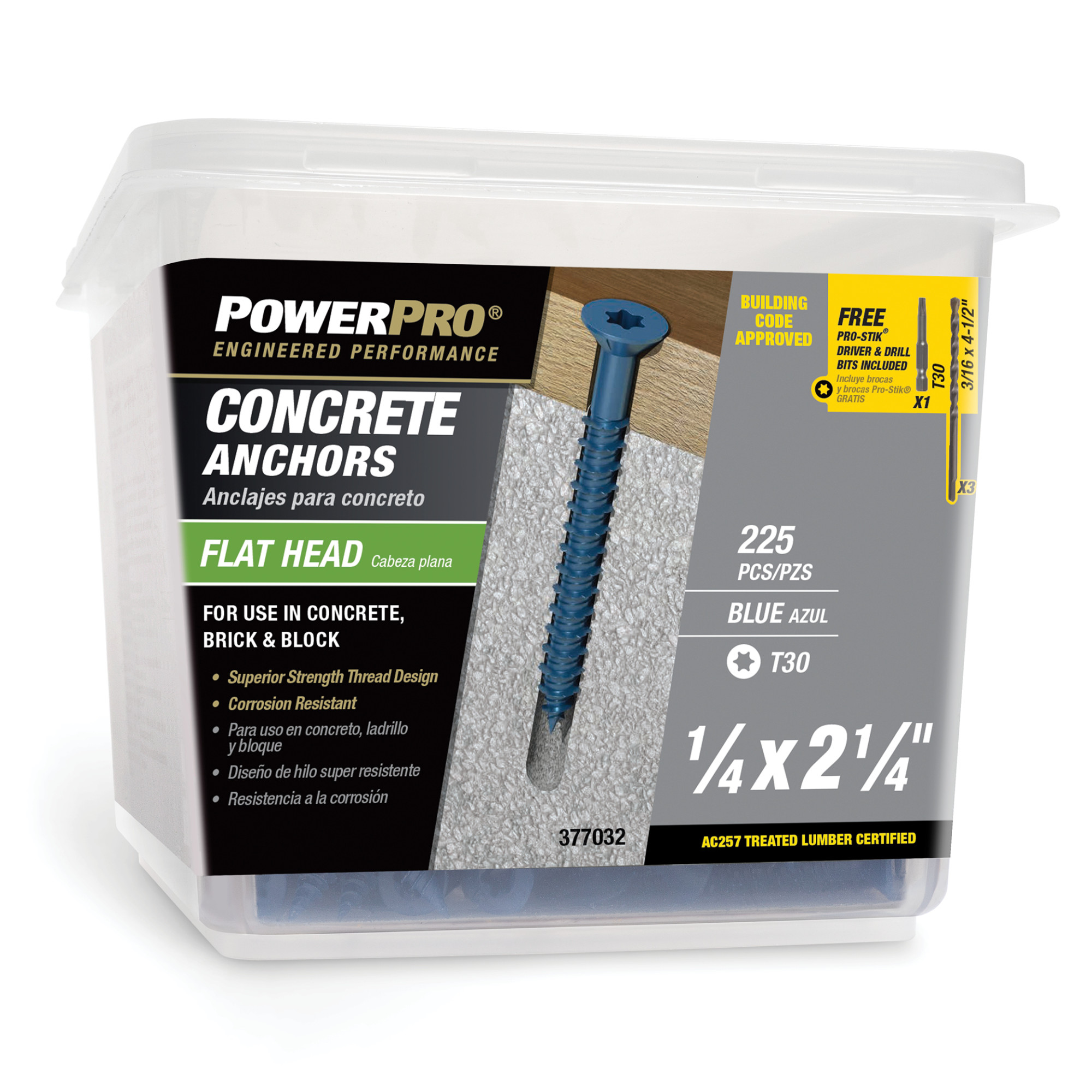 Power Pro Blue Flat-Head Concrete Screw Anchor (1/4 in. x 2-1/4 in.) - 225 pc