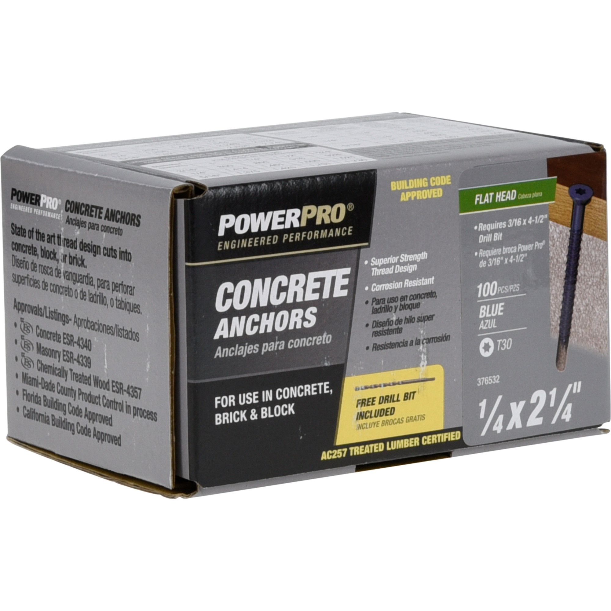 Power Pro Blue Flat-Head Concrete Screw Anchor (1/4 in. x 2-1/4 in.) - 100 pc