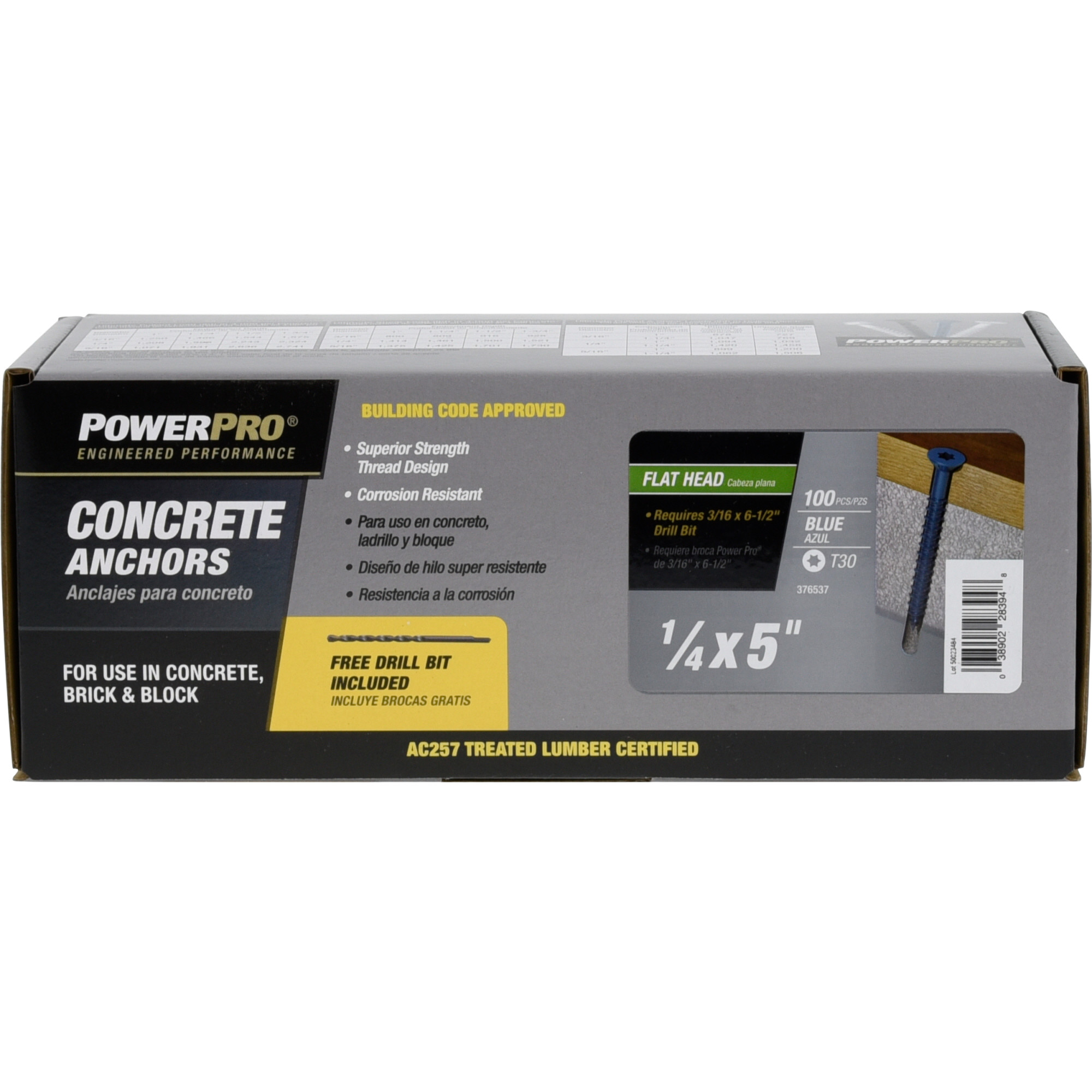 Power Pro Blue Flat-Head Concrete Screw Anchor (1/4 in. x 5 in.) - 100 pc