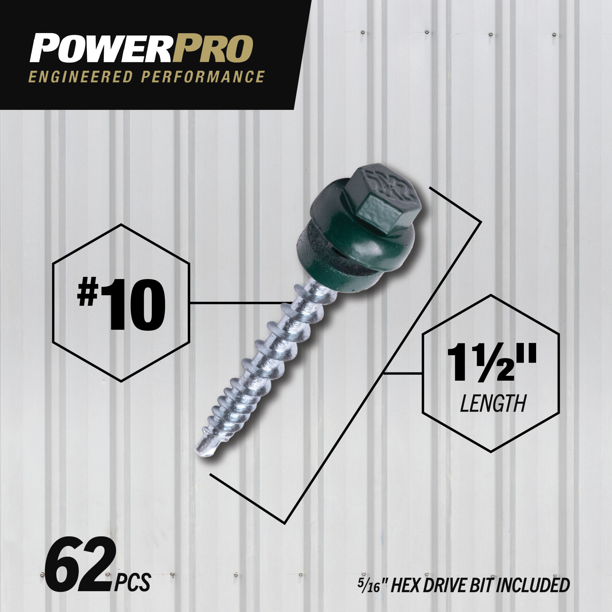 Power Pro Green Self Drilling Metal-to-Wood Roofing Screws (#10 x 1-1/2 in.)-62 pc