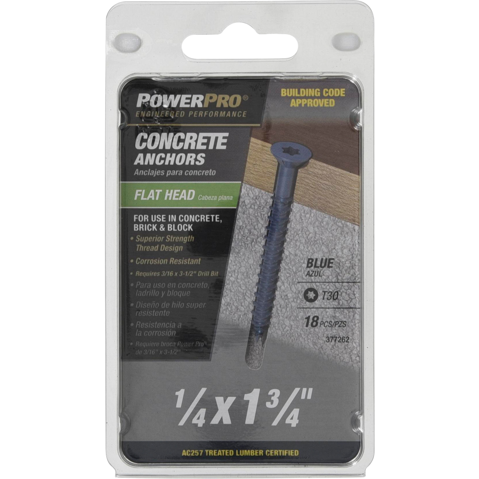 Power Pro Blue Flat-Head Concrete Screw Anchor (1/4 in. x 1-3/4 in.) - 18 pc