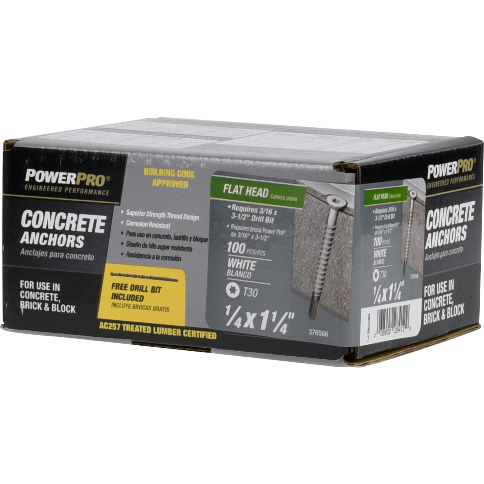 Power Pro White Flat-Head Concrete Screw Anchor (1/4 in. x 1-1/4 in.) - 100 pc