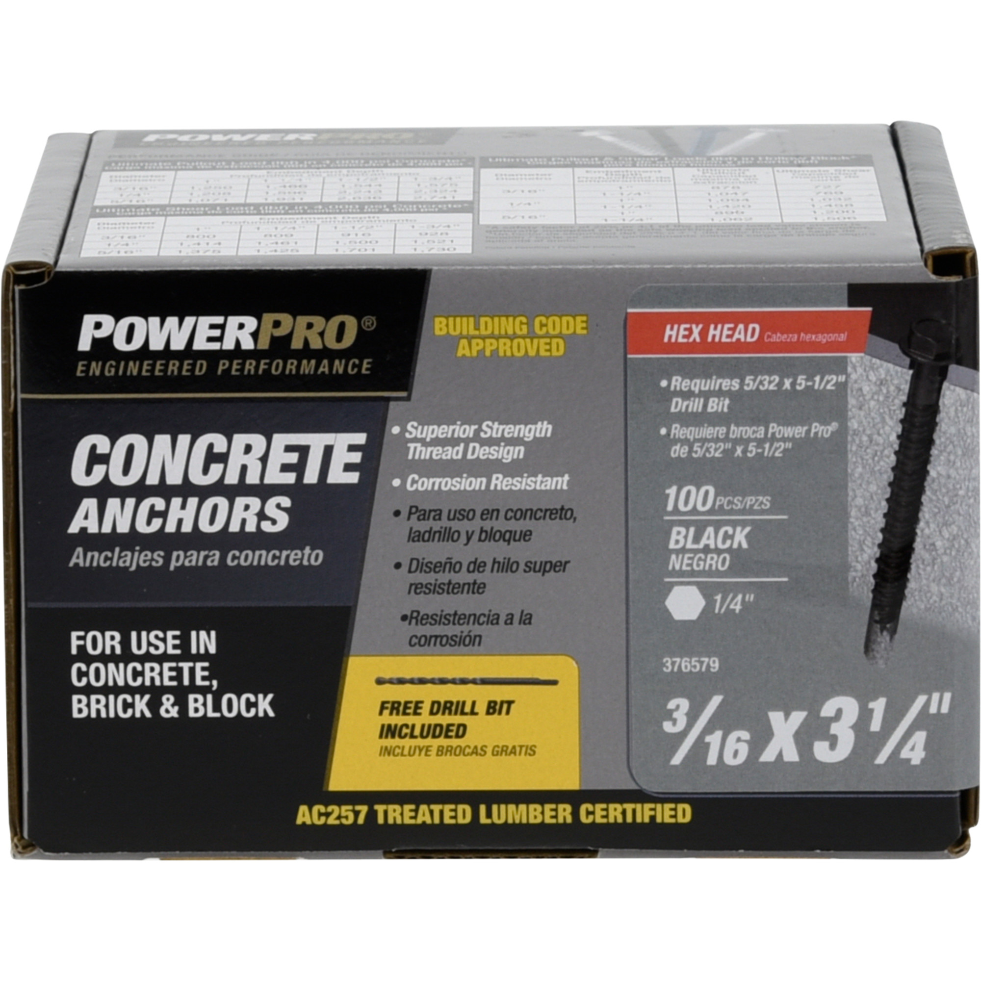 Power Pro Black Hex Washer-Head Concrete Screw Anchor (3/16 in. x 3-1/4 in.) - 100 pc