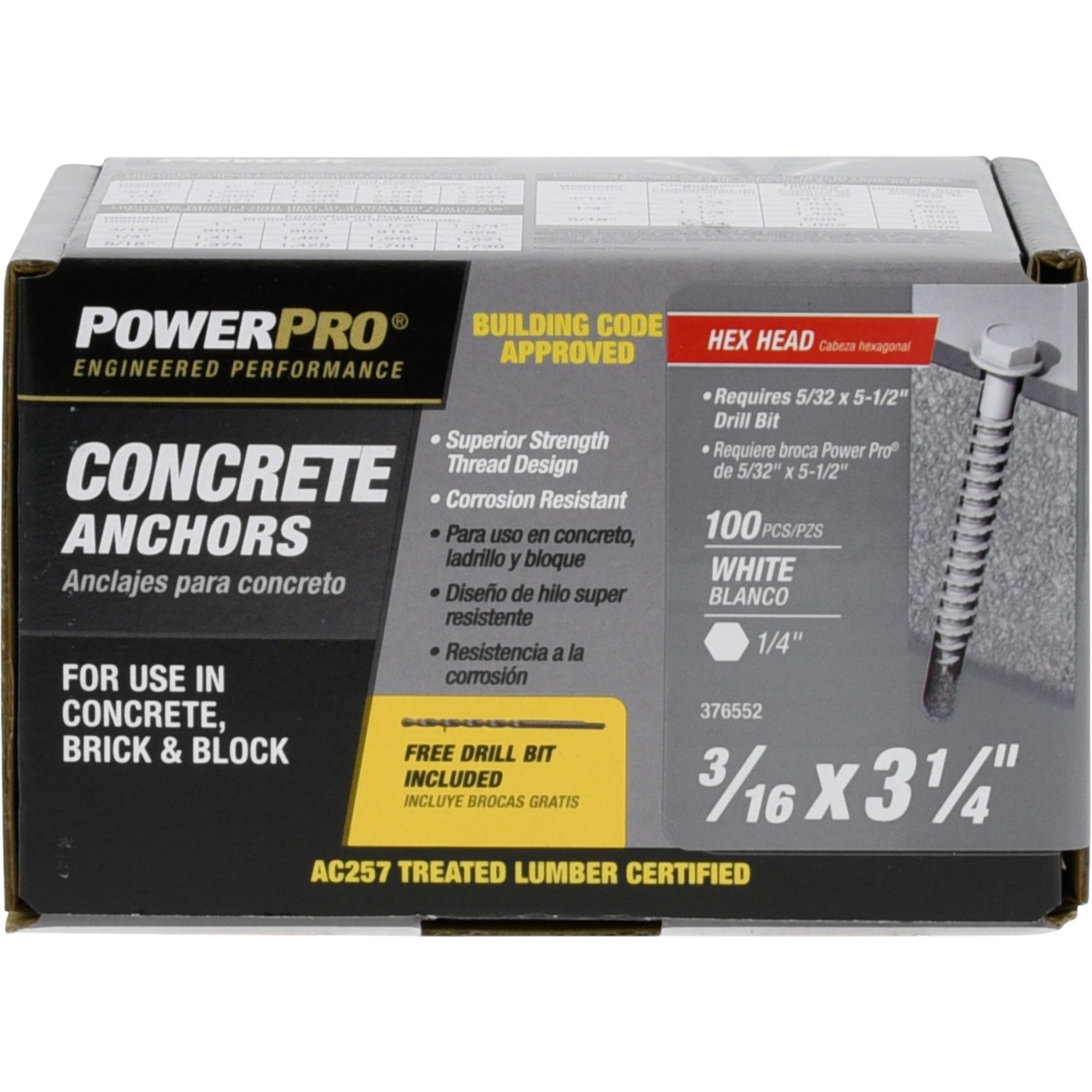 Power Pro White Hex Washer-Head Concrete Screw Anchor (3/16 in. x 3-1/4 in.) - 100 pc
