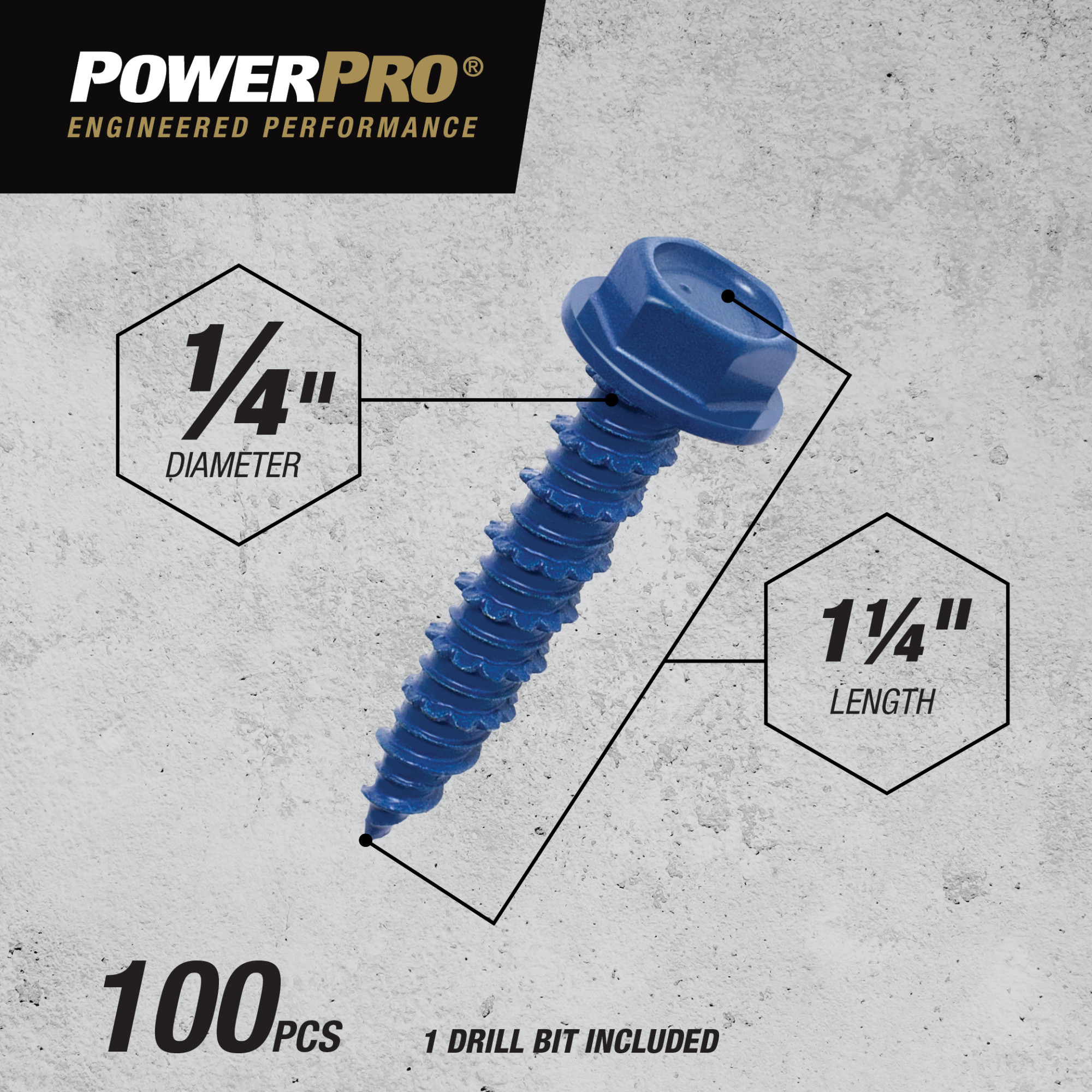 Power Pro Blue Hex Washer-Head Concrete Screw Anchor (1/4 in. x 1-1/4 in.) - 100 pc