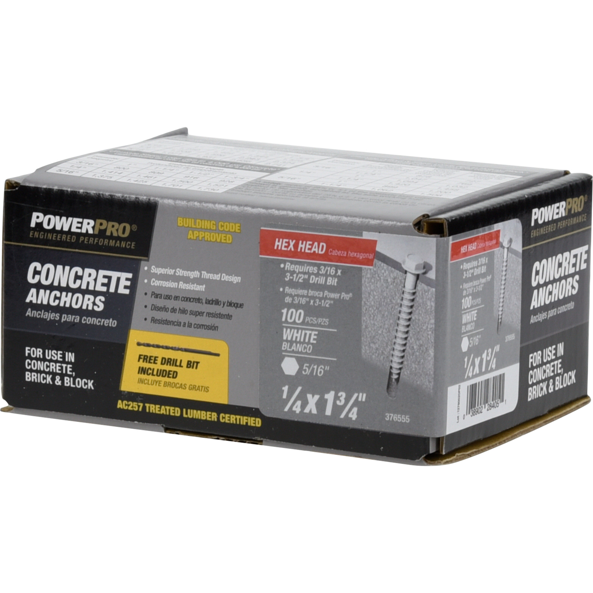 Power Pro White Hex Washer-Head Concrete Screw Anchor (1/4 in. x 1-3/4 in.) - 100 pc