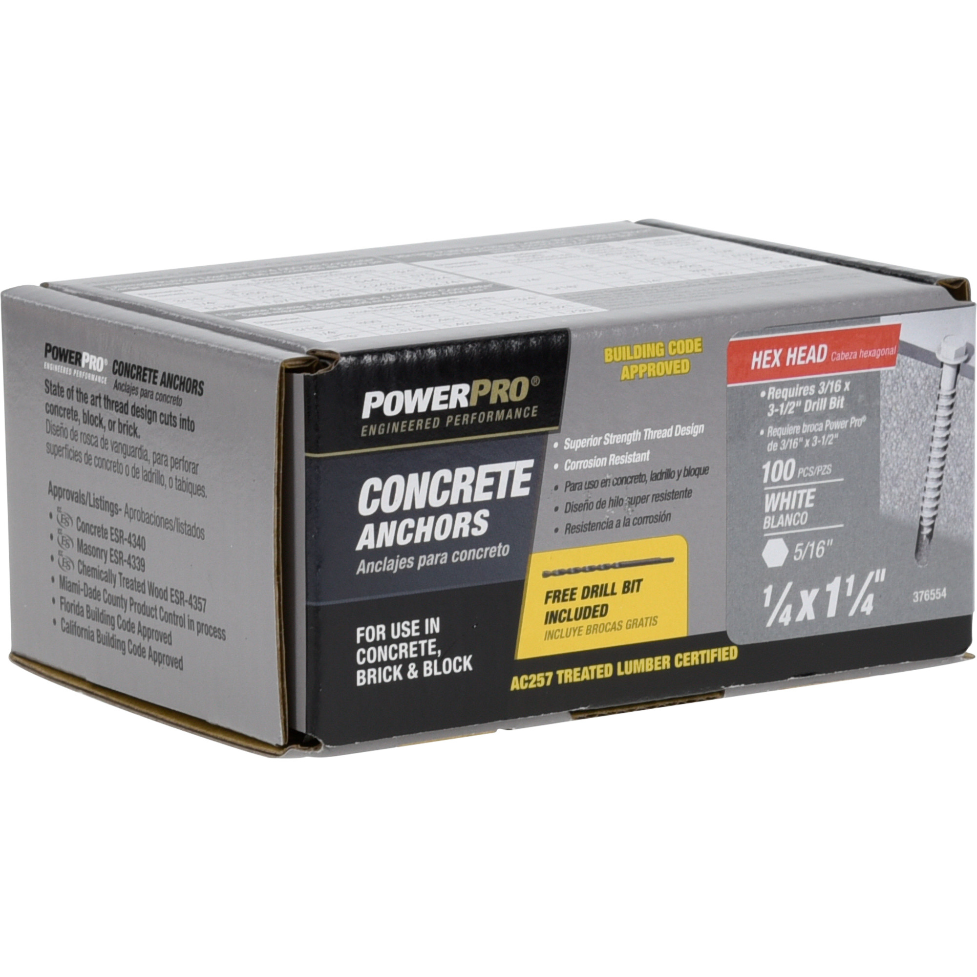 Power Pro White Hex Washer-Head Concrete Screw Anchor (1/4 in. x 1-1/4 in.) - 100 pc