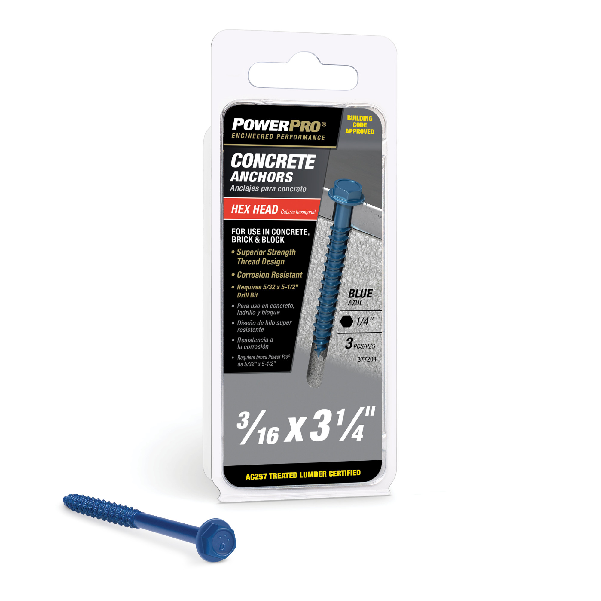 Power Pro Blue Hex Washer-Head Concrete Screw Anchor (3/16 in. x 3-1/4 in.) - 3 pc
