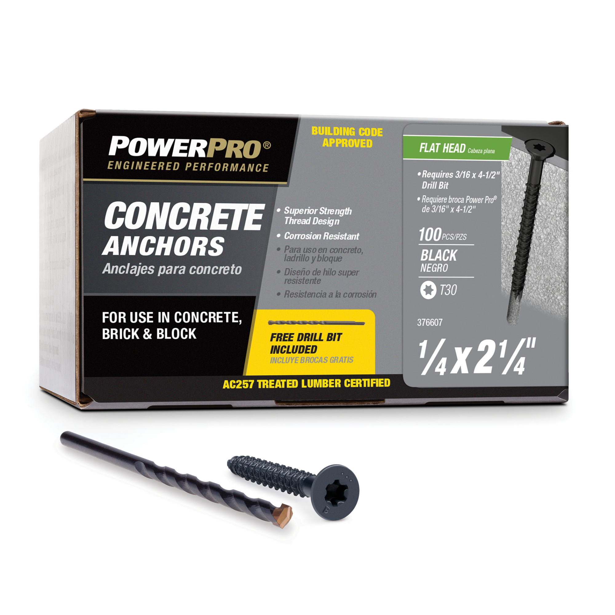 Power Pro Black Flat-Head Concrete Screw Anchor (1/4 in. x 2-1/4 in.) - 100 pc