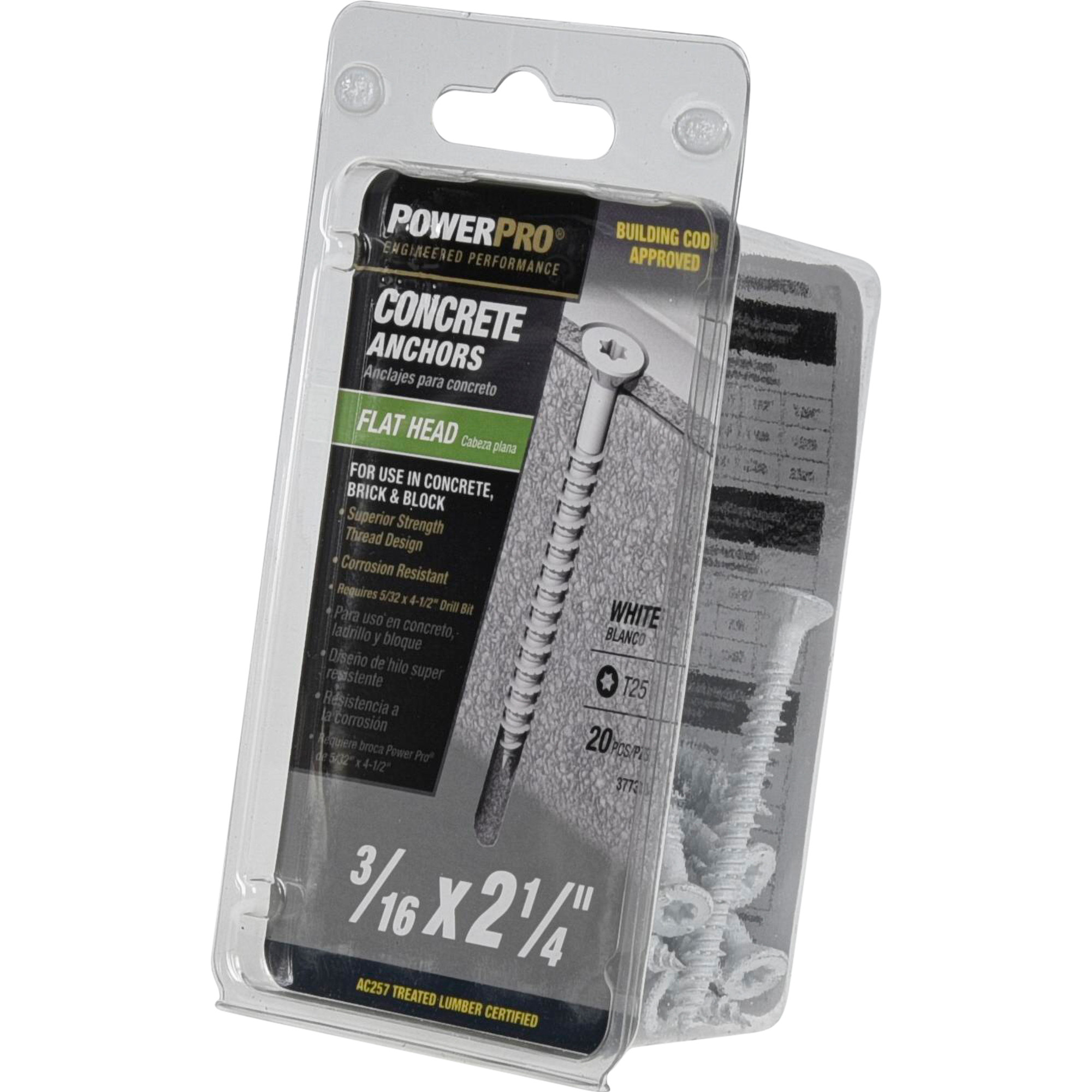 Power Pro White Flat-Head Concrete Screw Anchor (3/16 in. x 2-1/4 in.) - 20 pc