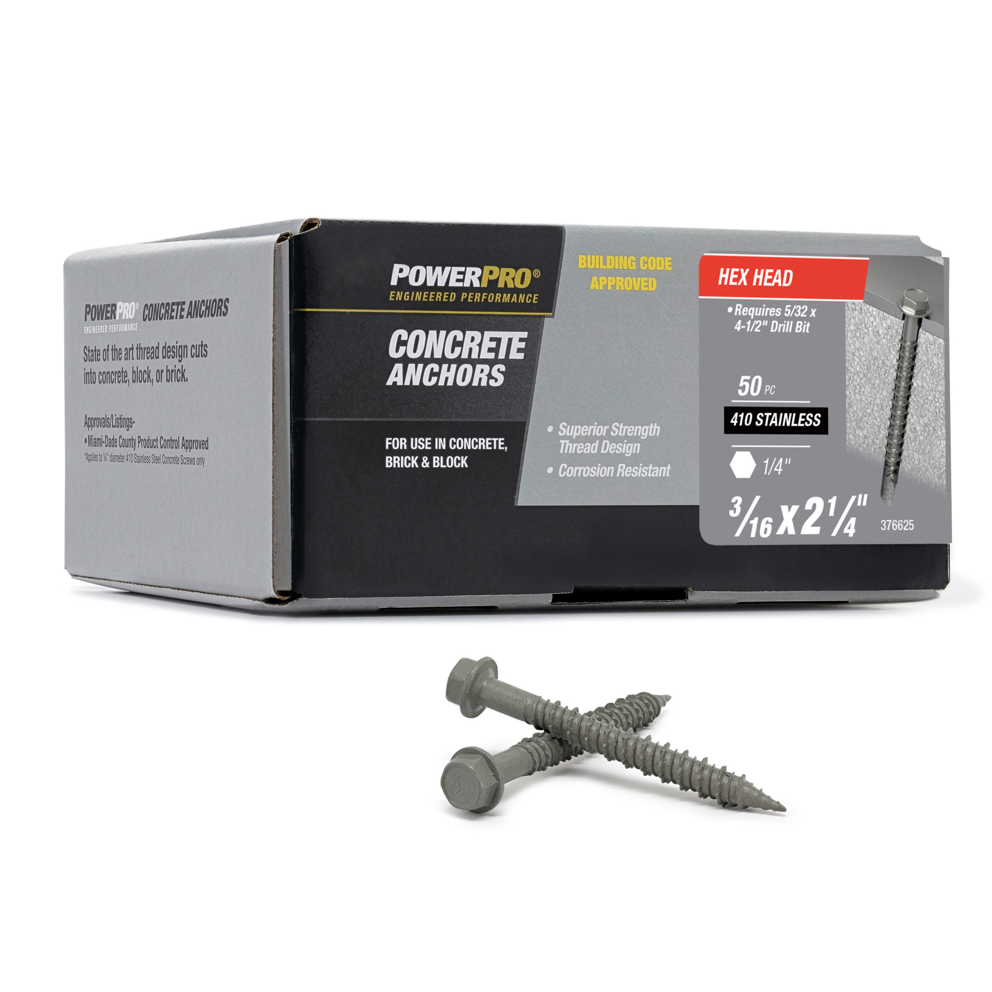 Power Pro 410 Stainless Hex Washer Concrete Screw Anchor (3/16 in. x 2-1/4 in.)100pc