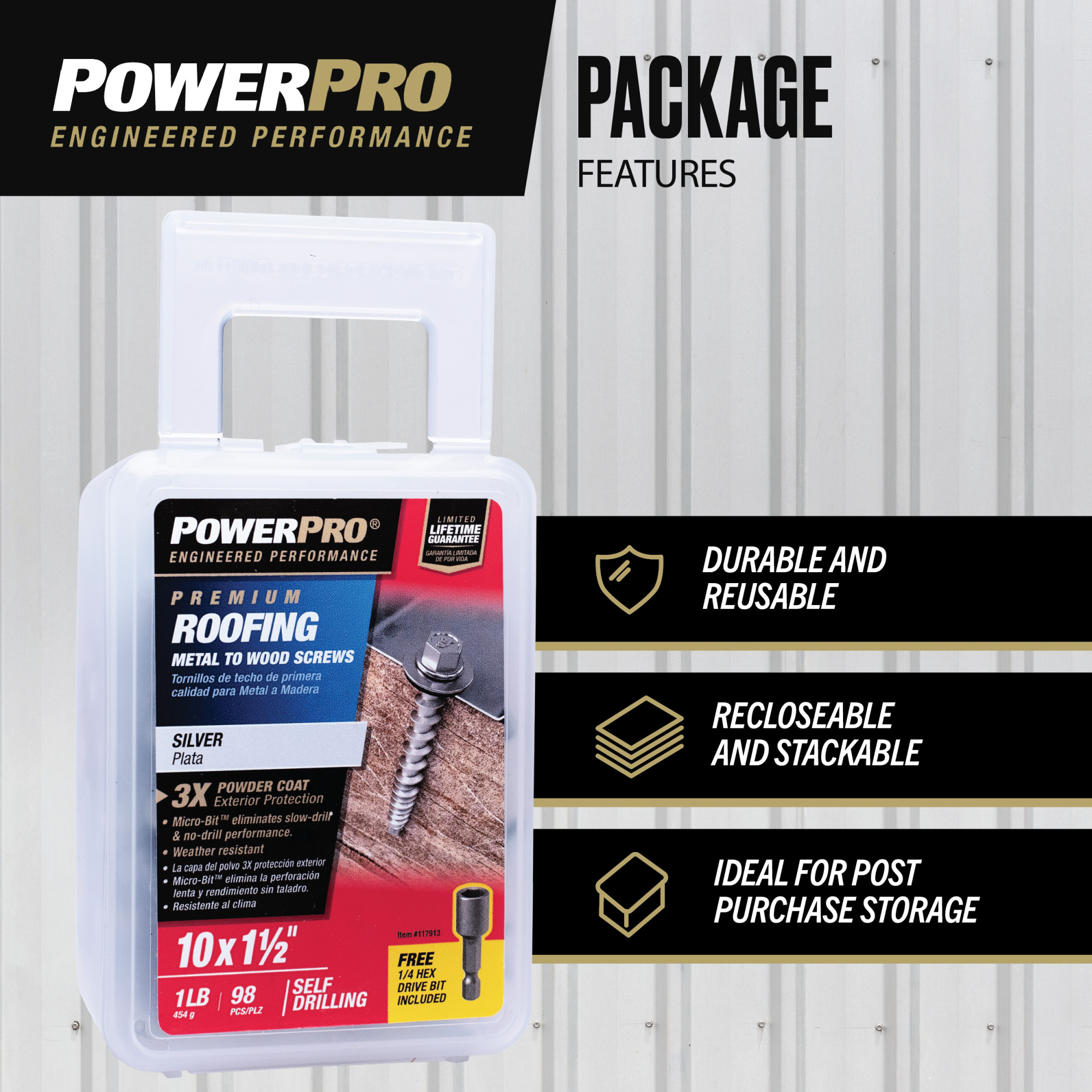 Power Pro Silver Self Drilling Metal-to-Wood Roofing Screws (#10 x 1-1/2 in.)-98 pc