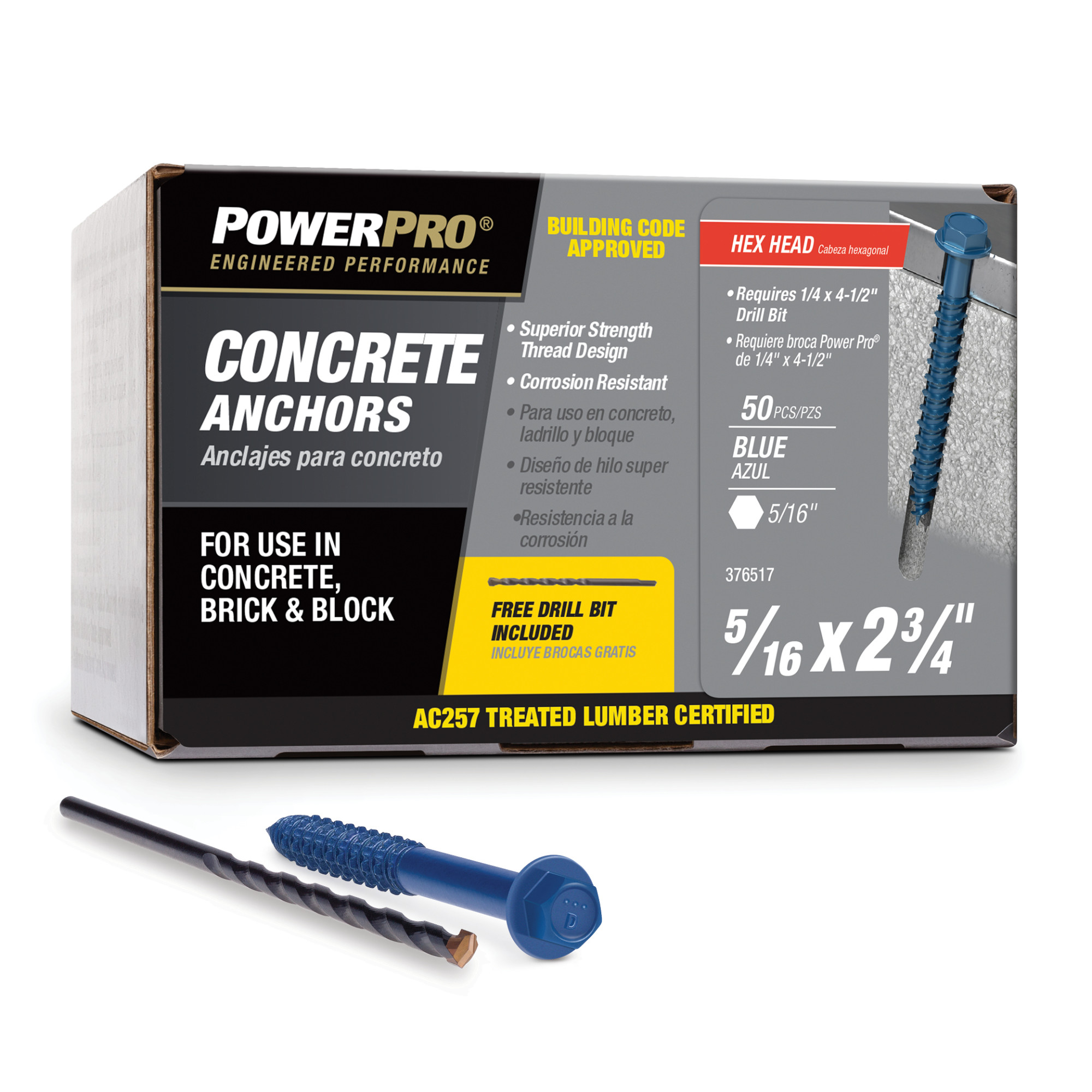 Power Pro Blue Hex Washer-Head Concrete Screw Anchor (5/16 in. x 2-3/4 in.) - 50 pc