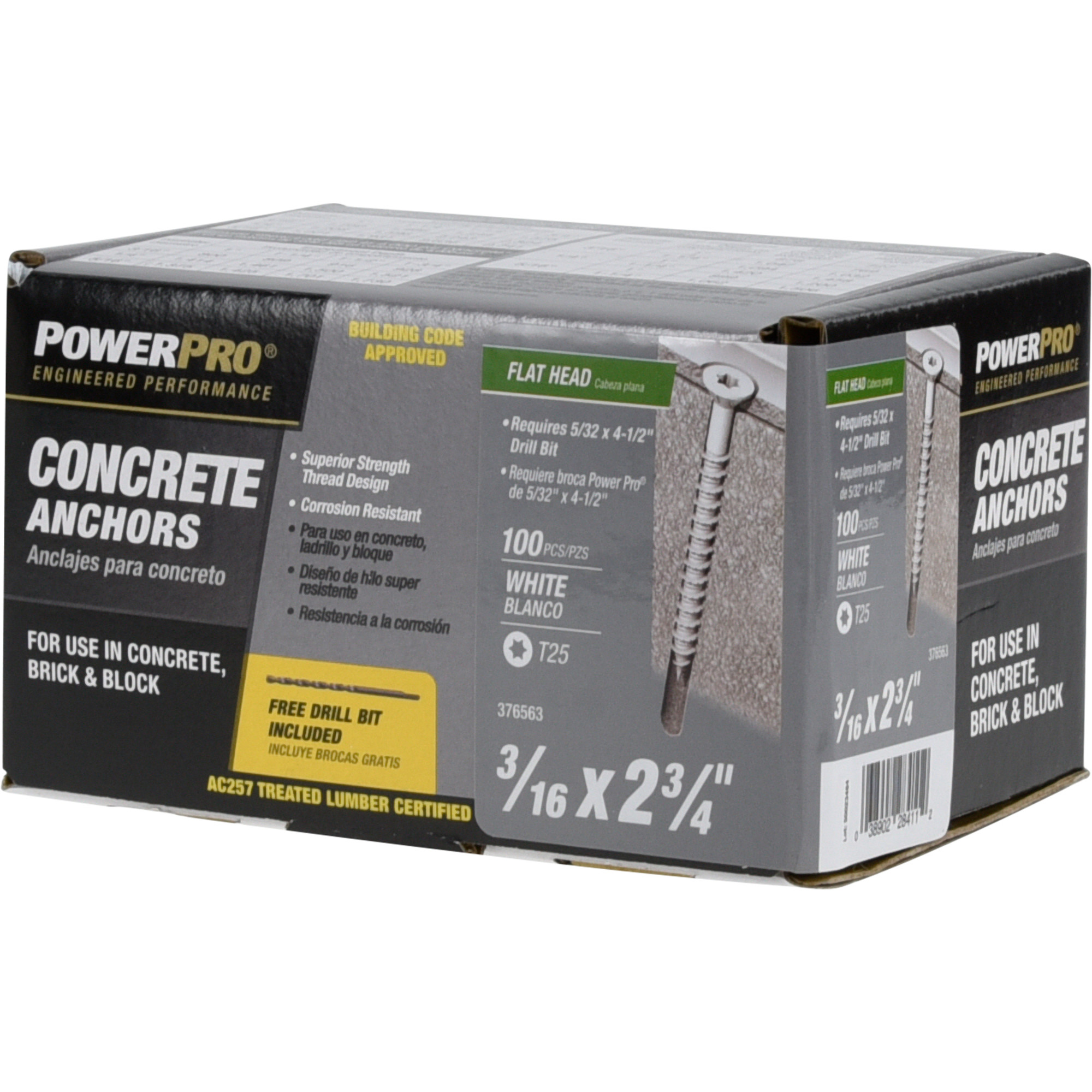 Power Pro White Flat-Head Concrete Screw Anchor (3/16 in. x 2-3/4 in.) - 100 pc