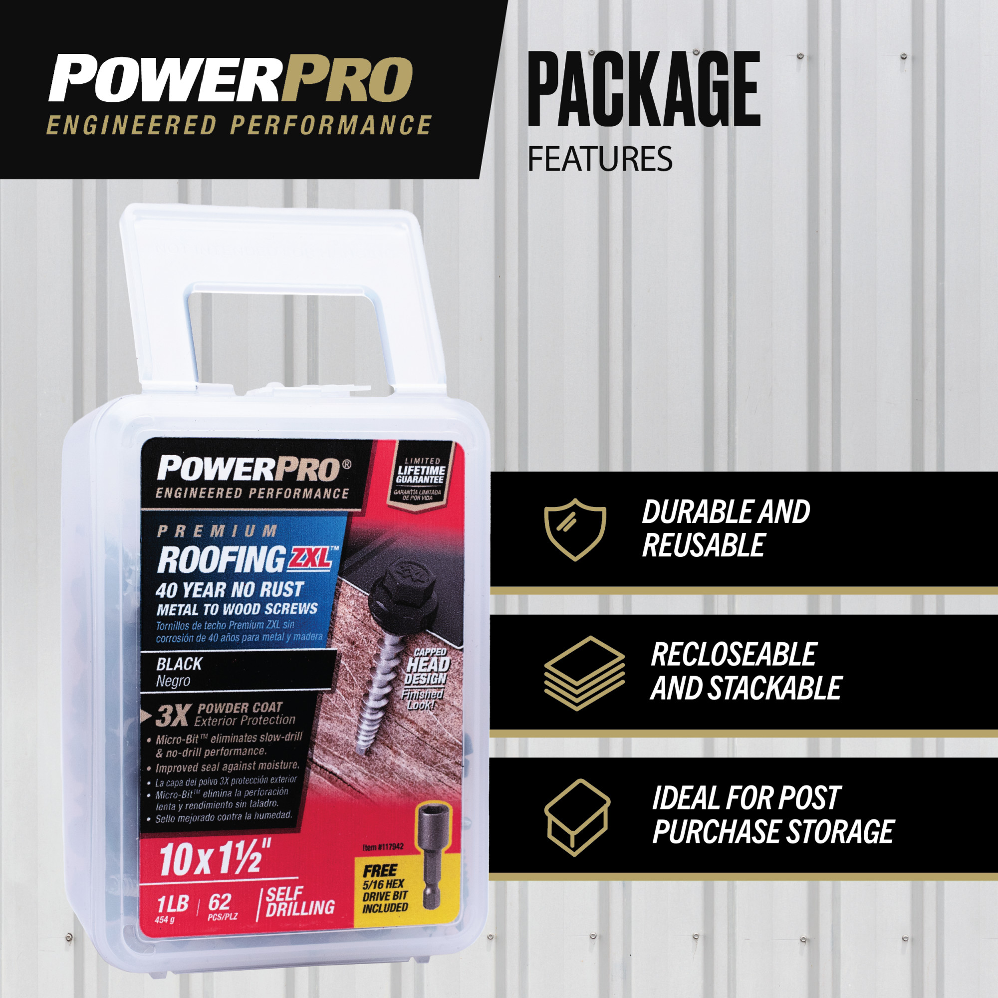 Power Pro Black Self Drilling Metal-to-Wood Roofing Screws (#10 x 1-1/2 in.)-62 pc