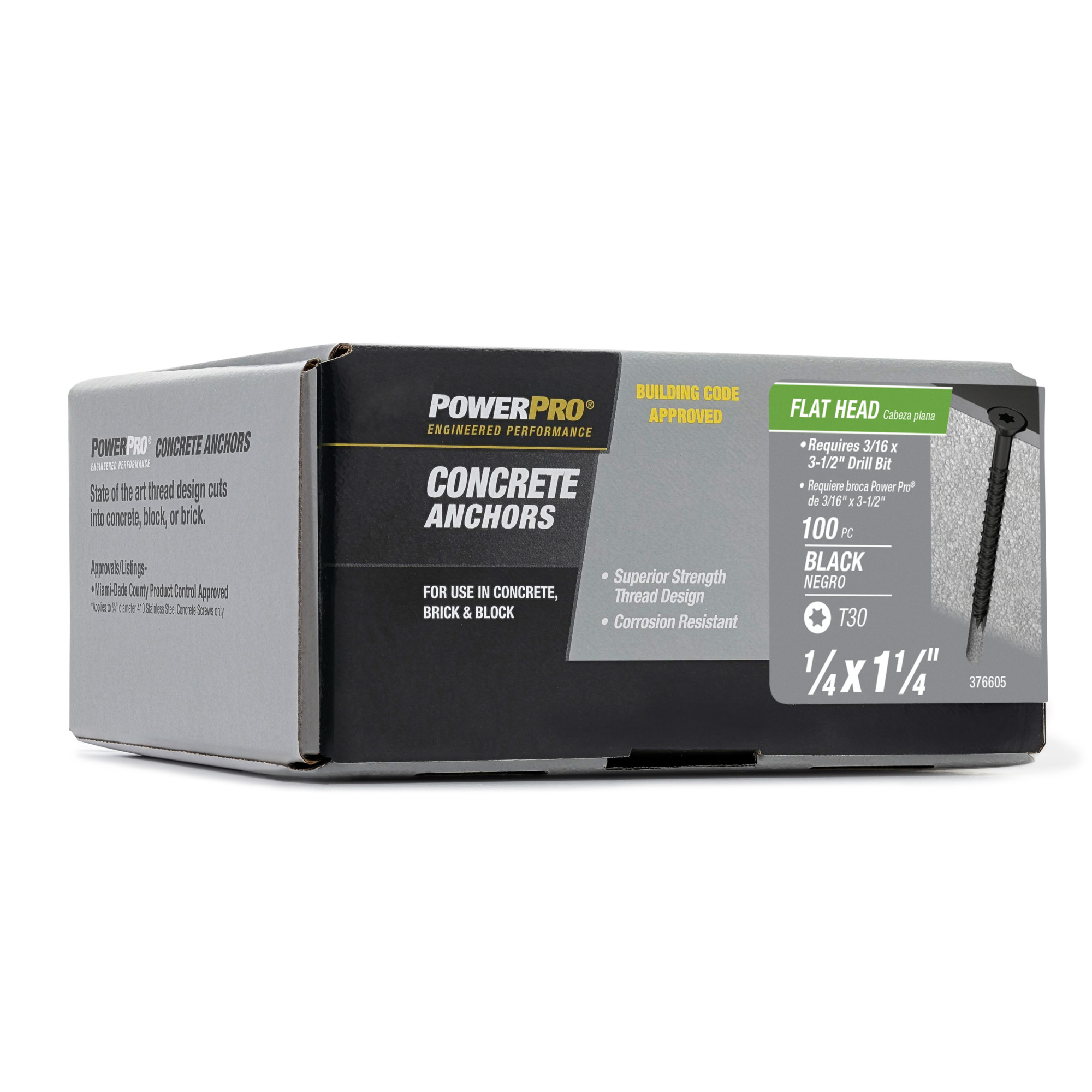 Power Pro Black Flat-Head Concrete Screw Anchor (1/4 in. x 1-1/4 in.) - 100 pc