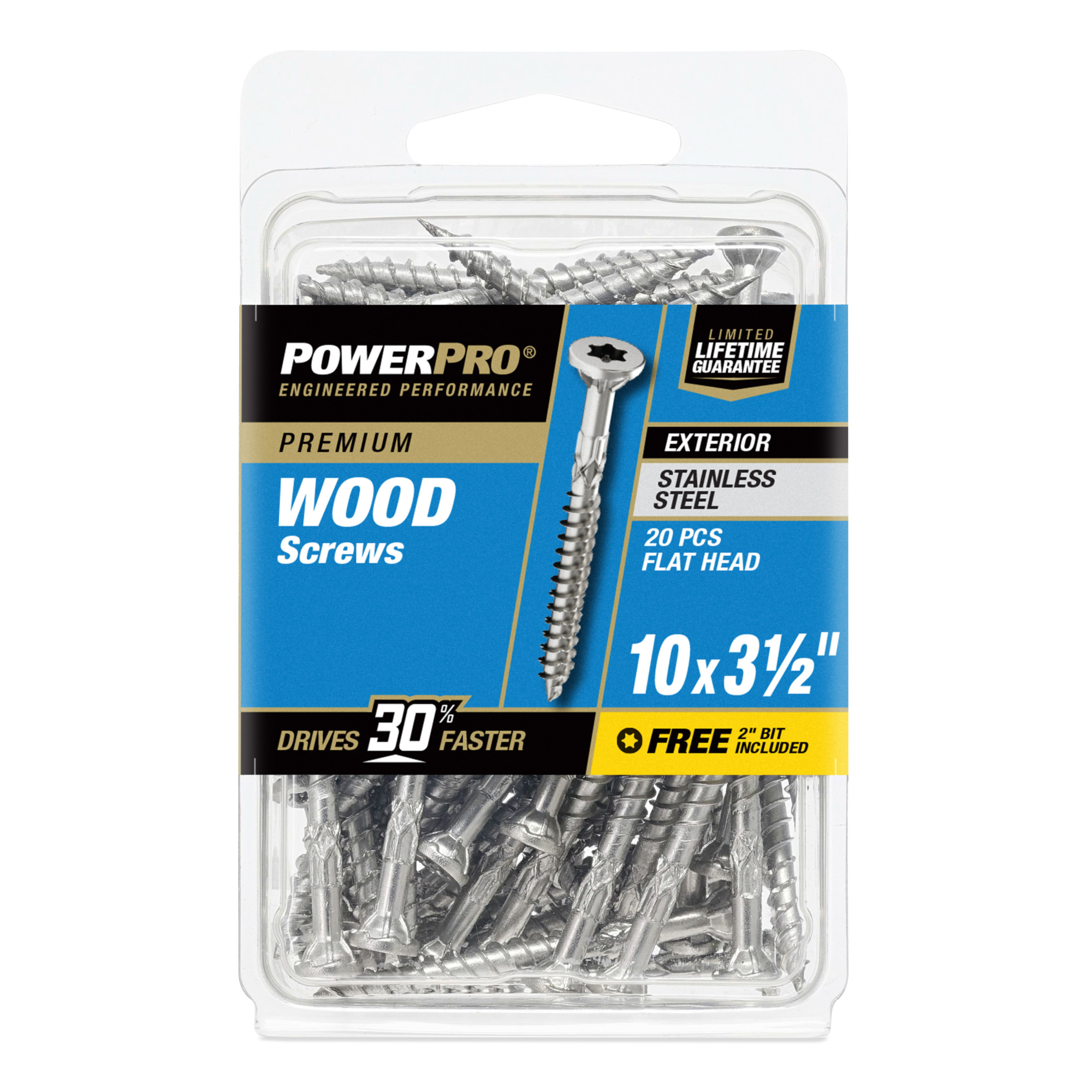 Power Pro Premium 305 Stainless Steel Wood Screws (#10 x 3-1/2 in.) - 20 pc