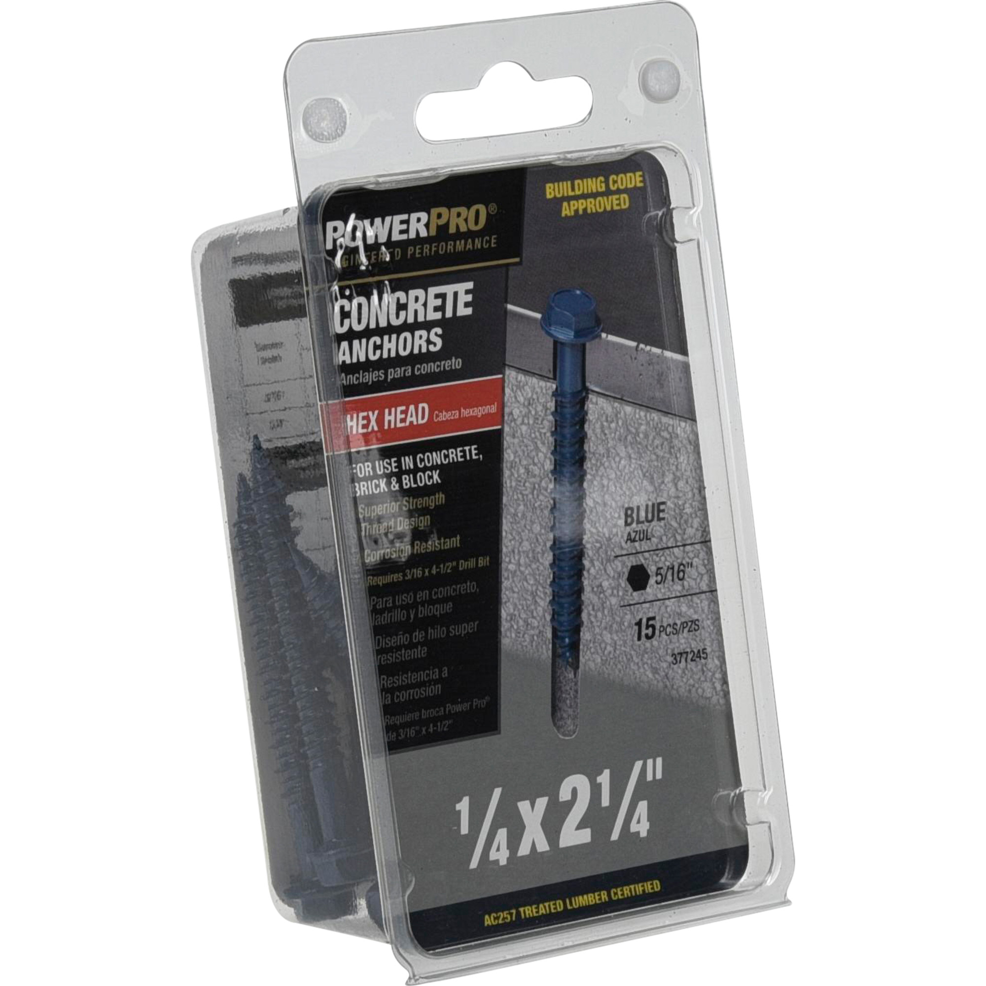 Power Pro Blue Hex Washer-Head Concrete Screw Anchor (1/4 in. x 2-1/4 in.) - 15 pc