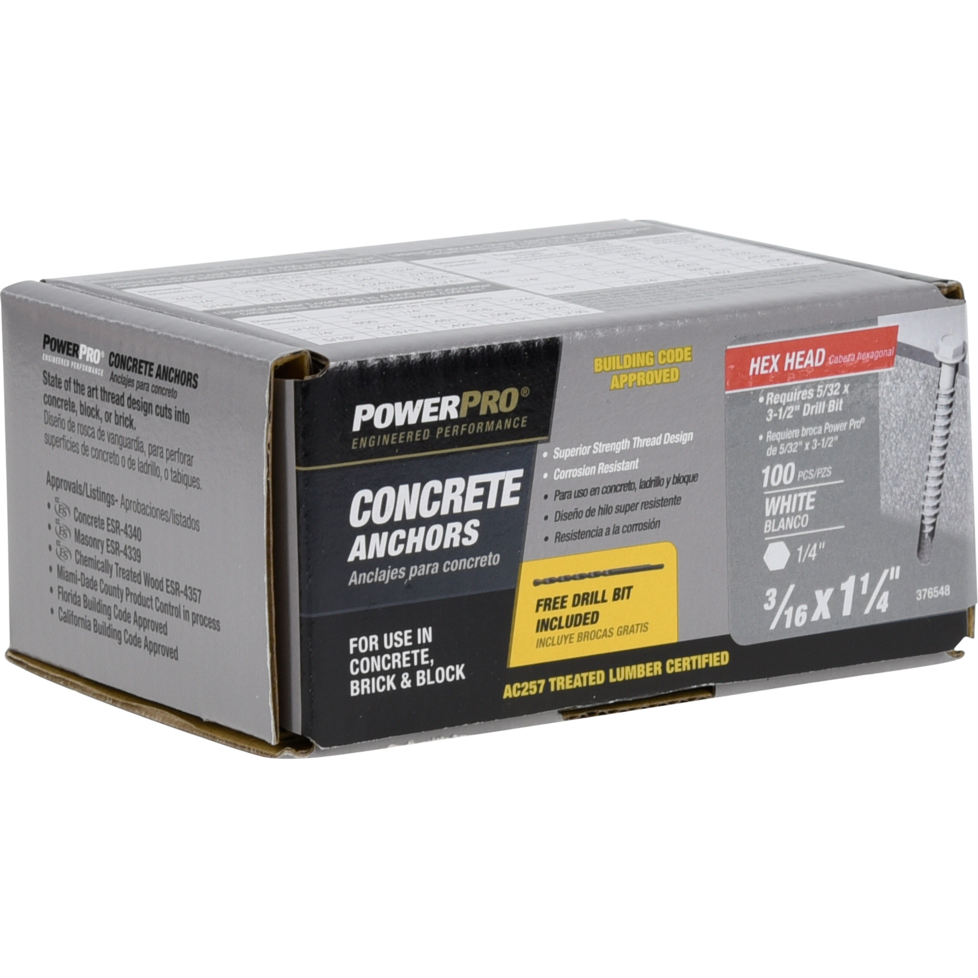 Power Pro White Hex Washer-Head Concrete Screw Anchor (3/16 in. x 1-1/4 in.) - 100 pc