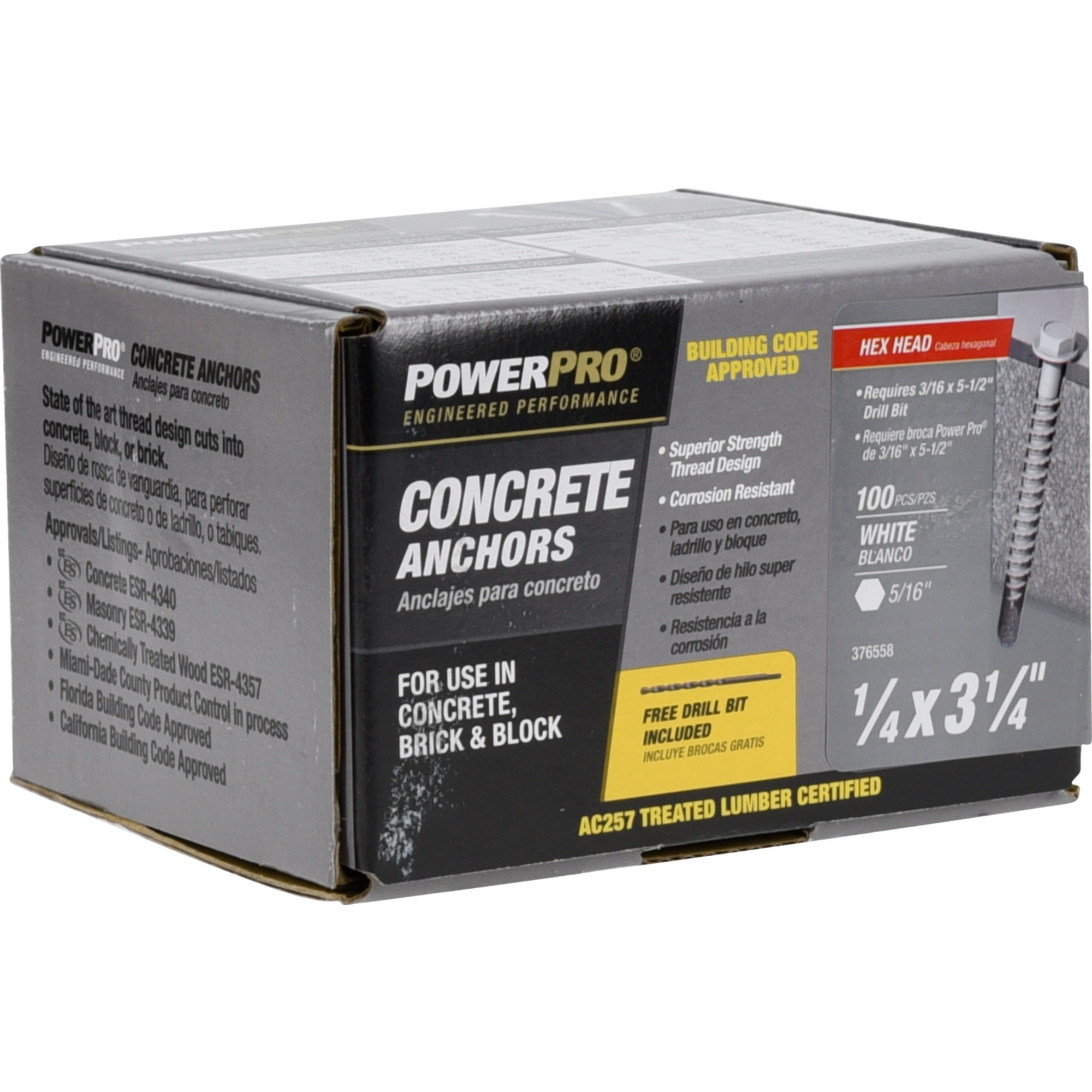 Power Pro White Hex Washer-Head Concrete Screw Anchor (1/4 in. x 3-1/4 in.) - 100 pc