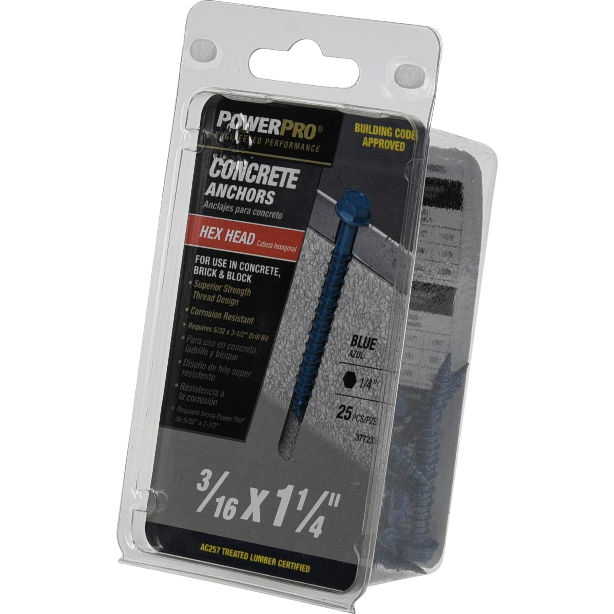 Power Pro Blue Hex Washer-Head Concrete Screw Anchor (3/16 in. x 1-1/4 in.) - 25 pc