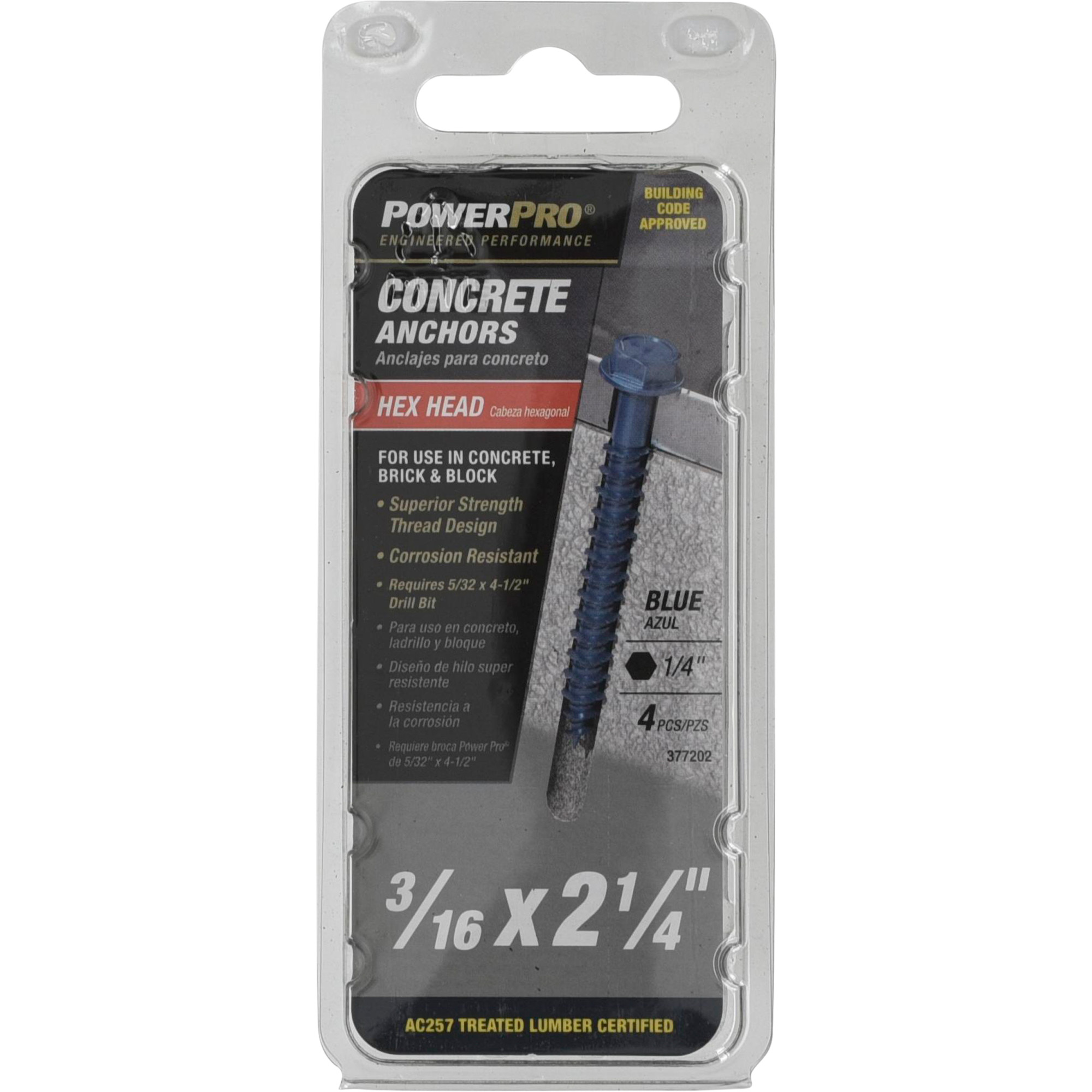 Power Pro Blue Hex Washer-Head Concrete Screw Anchor (3/16 in. x 2-1/4 in.) - 4 pc