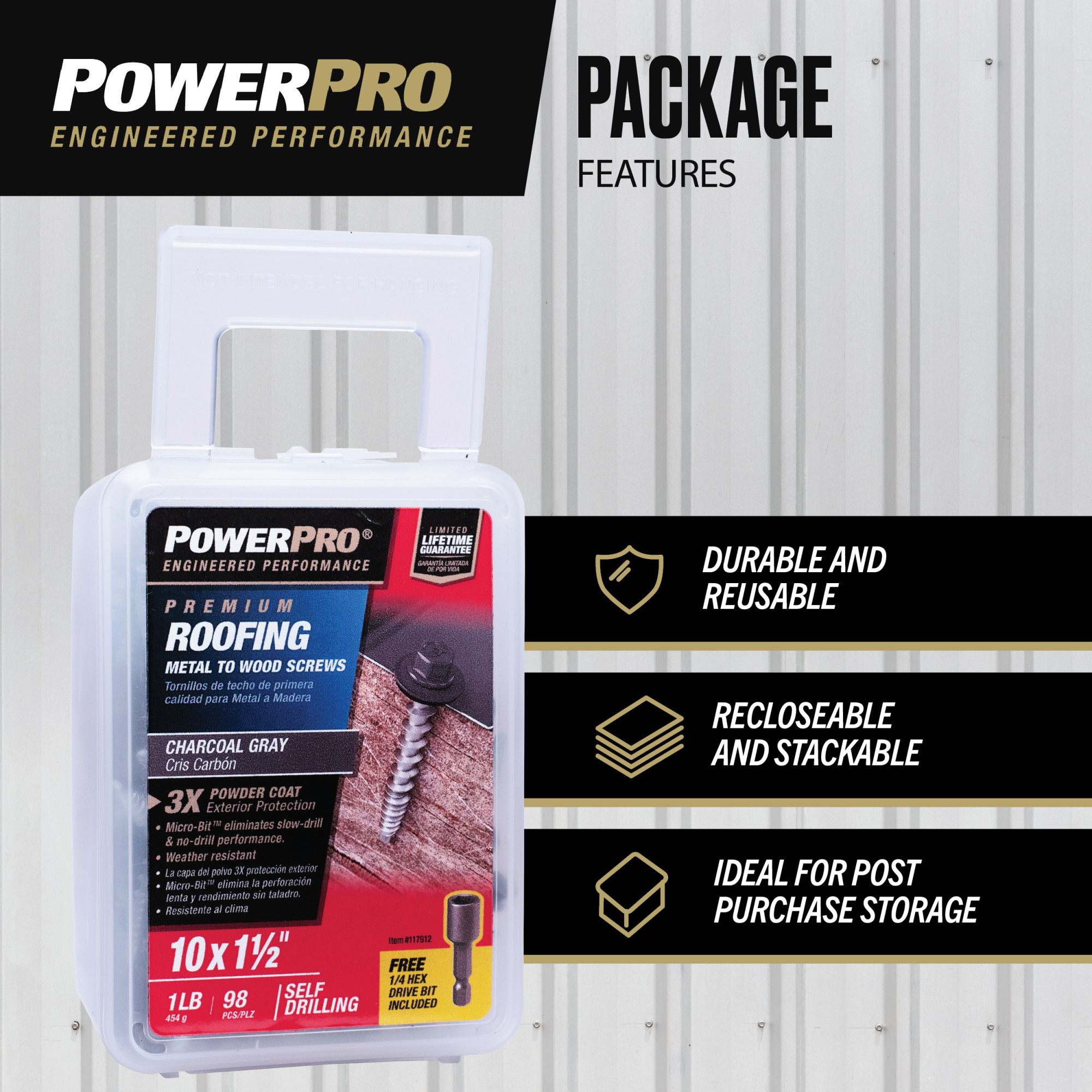 Power Pro Gray Self Drilling Metal-to-Wood Roofing Screws (#10 x 1-1/2 in.)-98 pc