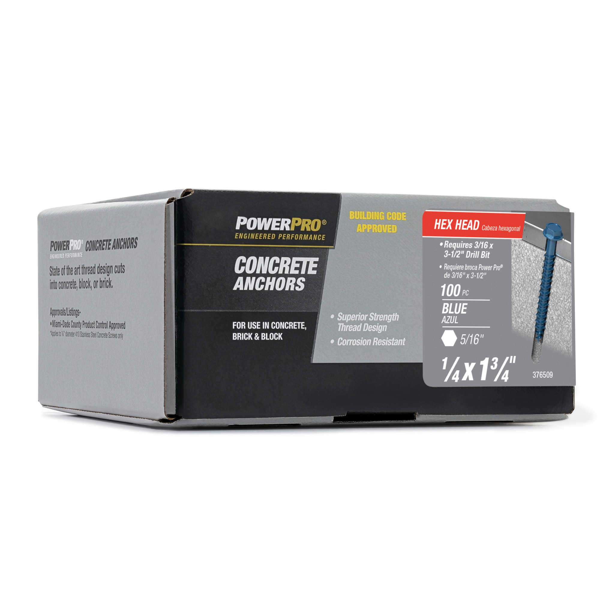 Power Pro Blue Hex Washer-Head Concrete Screw Anchor (1/4 in. x 1-3/4 in.) - 100 pc