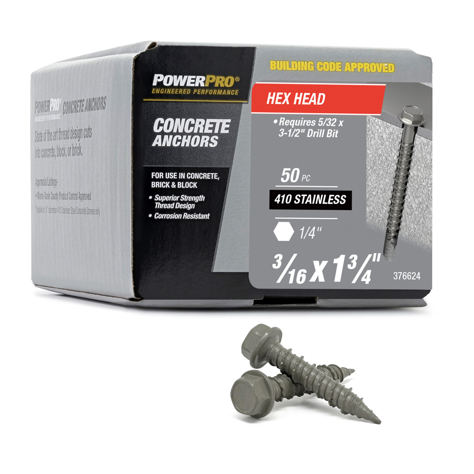 Power Pro 410 Stainless Hex Washer Concrete Screw Anchor (3/16 in. x 1-3/4 in.)100pc