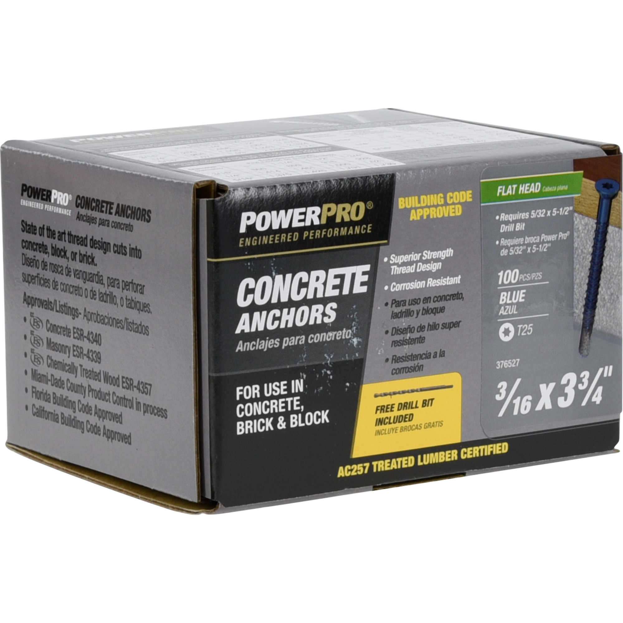 Power Pro Blue Flat-Head Concrete Screw Anchor (3/16 in. x 3-3/4 in.) - 100 pc