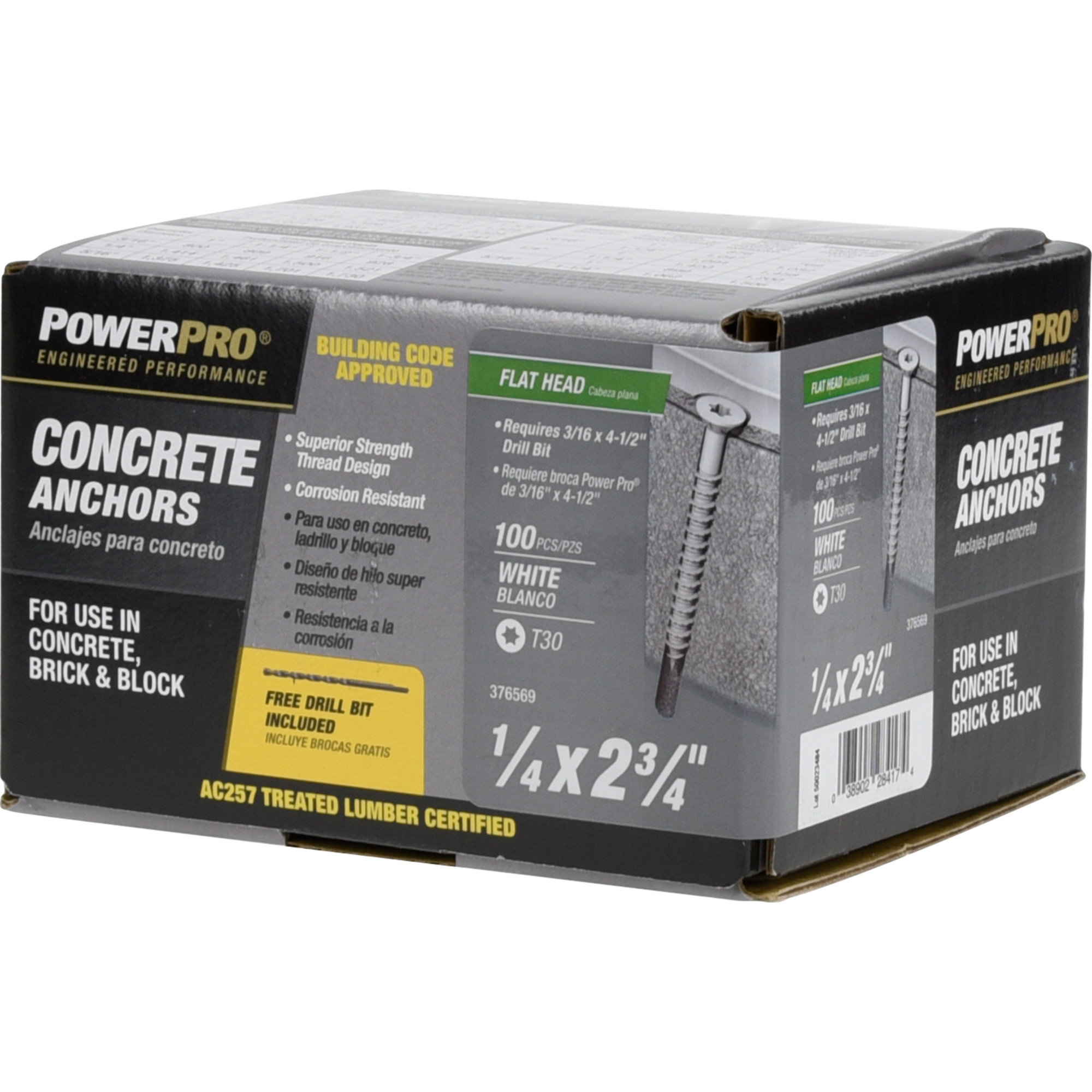 Power Pro White Flat-Head Concrete Screw Anchor (1/4 in. x 2-3/4 in.) - 100 pc