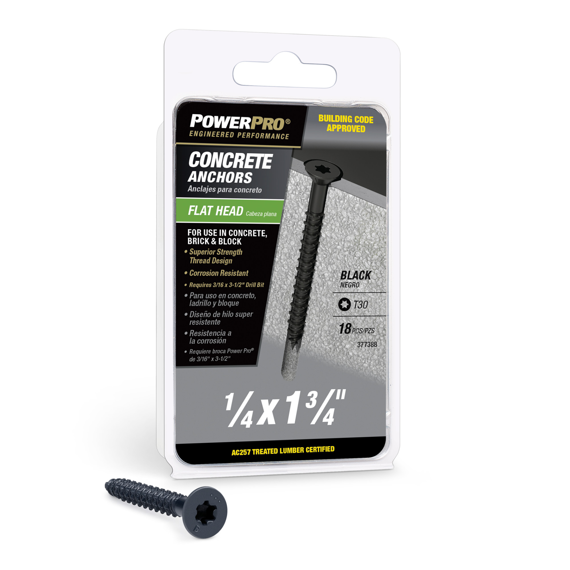 Power Pro Black Flat-Head Concrete Screw Anchor (1/4 in. x 1-3/4 in.) - 18 pc