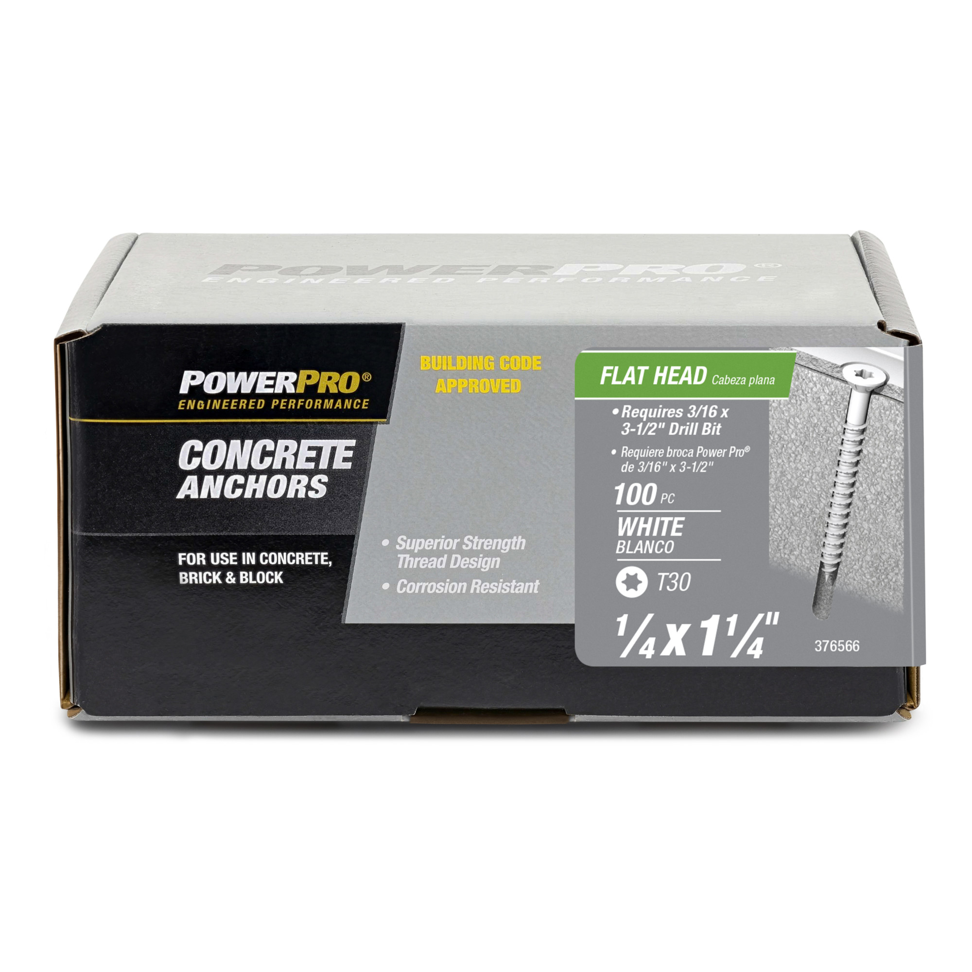 Power Pro White Flat-Head Concrete Screw Anchor (1/4 in. x 1-1/4 in.) - 100 pc