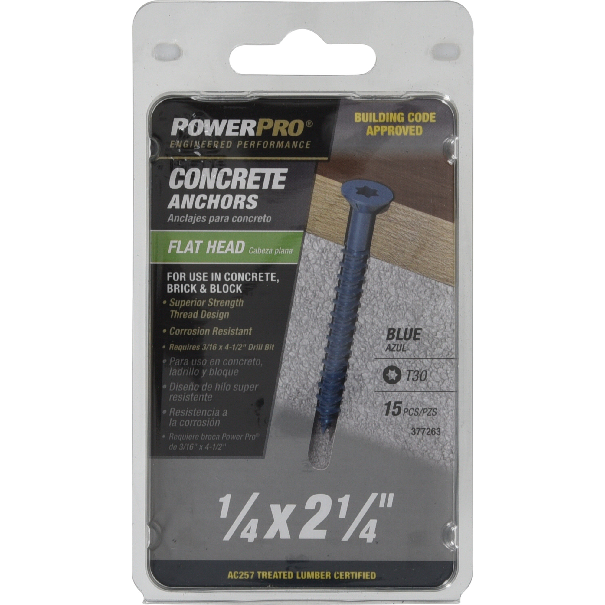 Power Pro Blue Flat-Head Concrete Screw Anchor (1/4 in. x 2-1/4 in.) - 15 pc