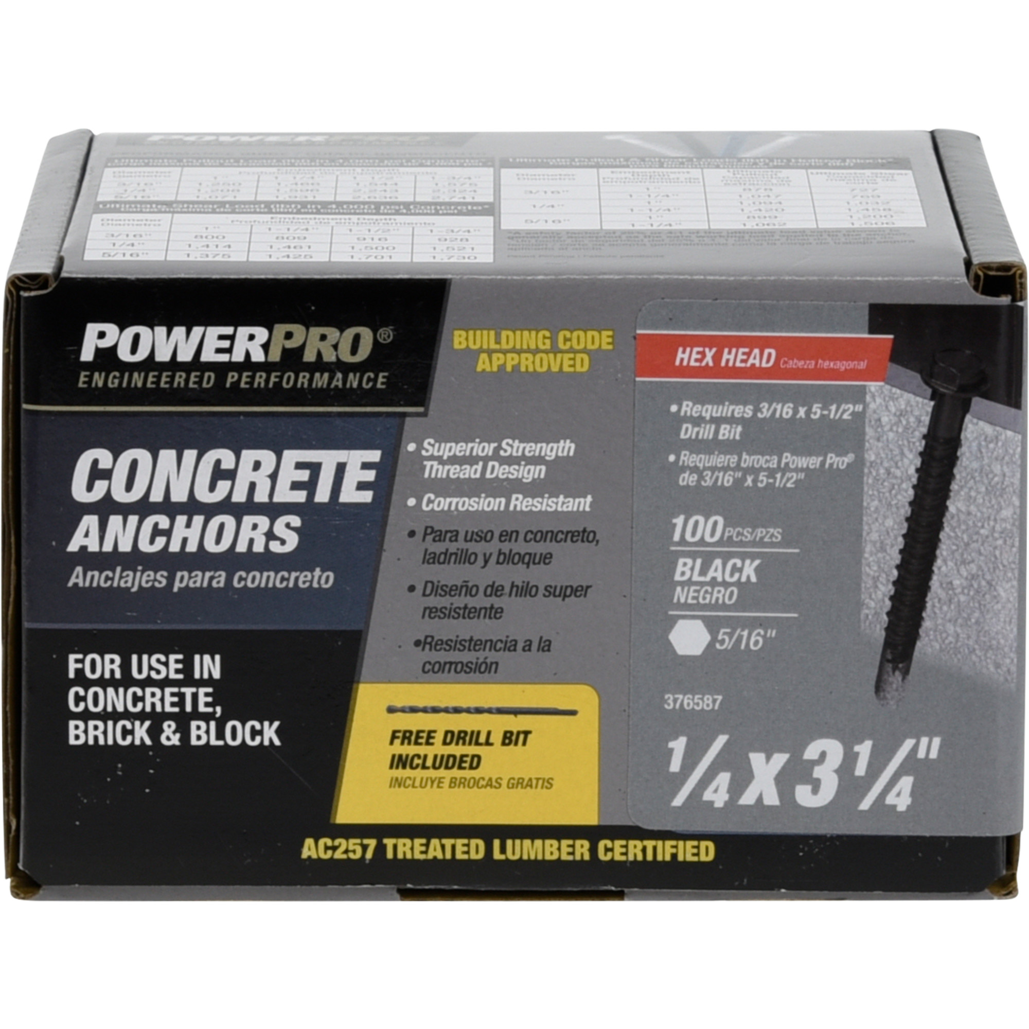 Power Pro Black Hex Washer-Head Concrete Screw Anchor (1/4 in. x 3-1/4 in.) - 100 pc