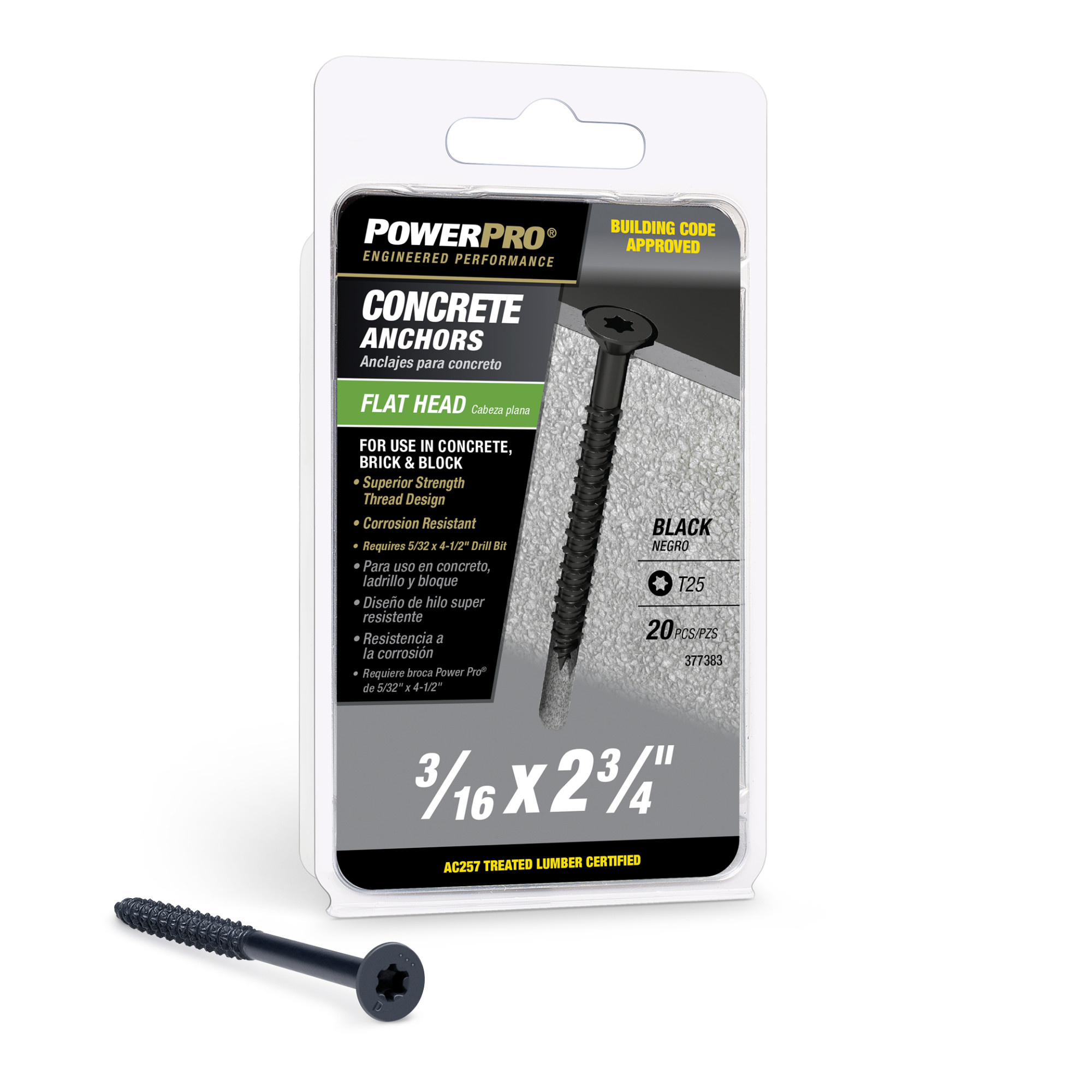 Power Pro Black Flat-Head Concrete Screw Anchor (3/16 in. x 2-3/4 in.) - 20 pc