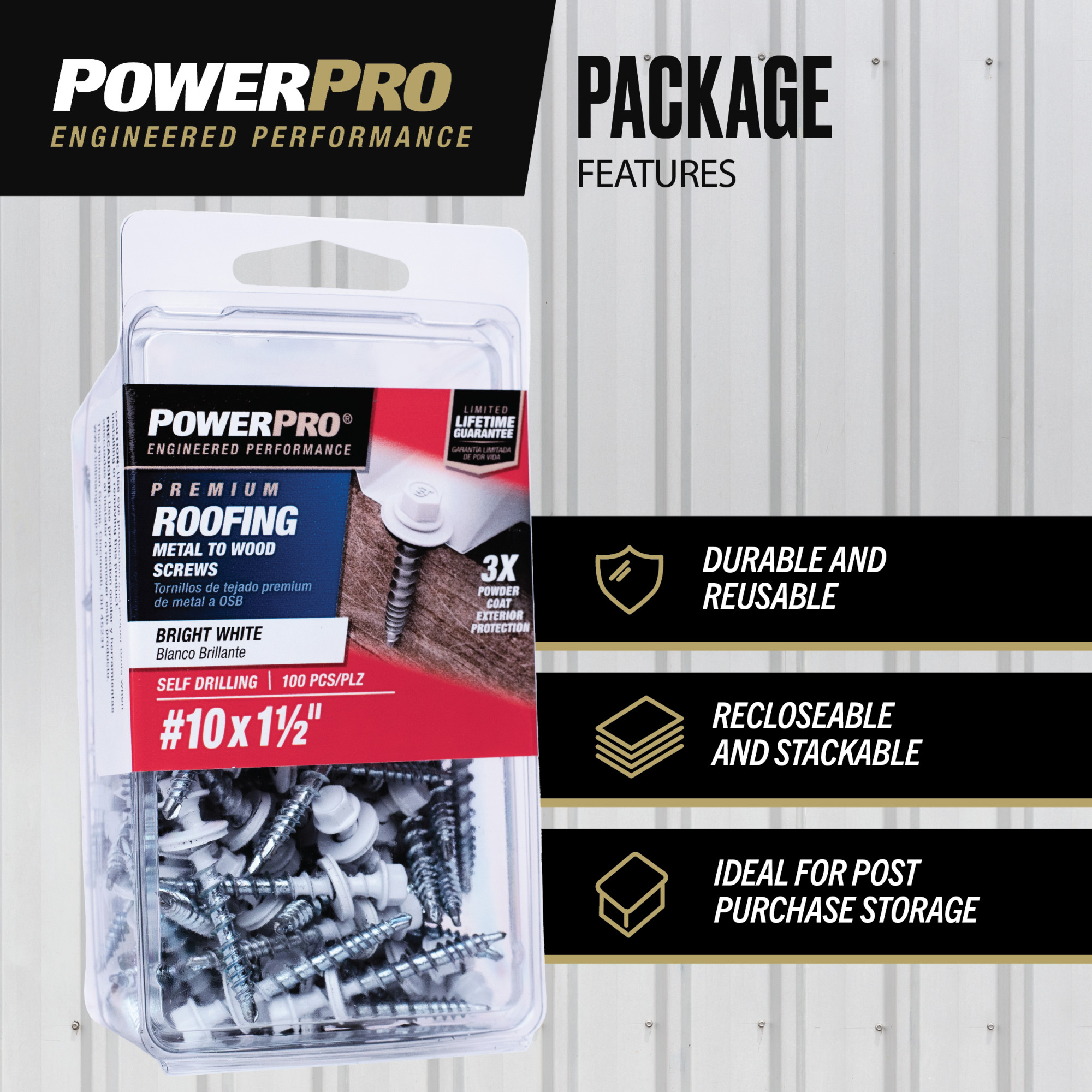 Power Pro White Self Drilling Metal-to-Wood Roofing Screws (#10 x 1-1/2 in.)-100 pc