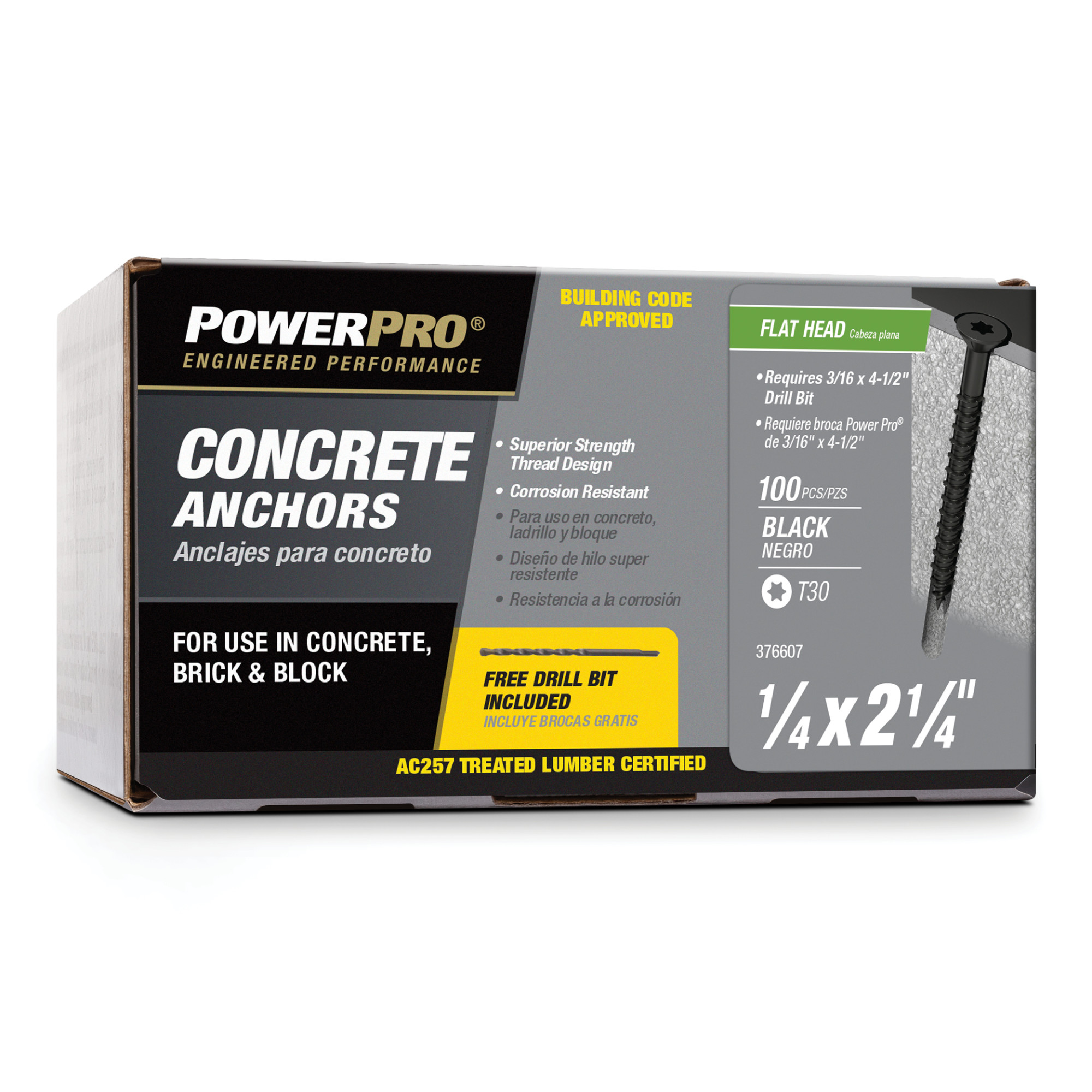 Power Pro Black Flat-Head Concrete Screw Anchor (1/4 in. x 2-1/4 in.) - 100 pc