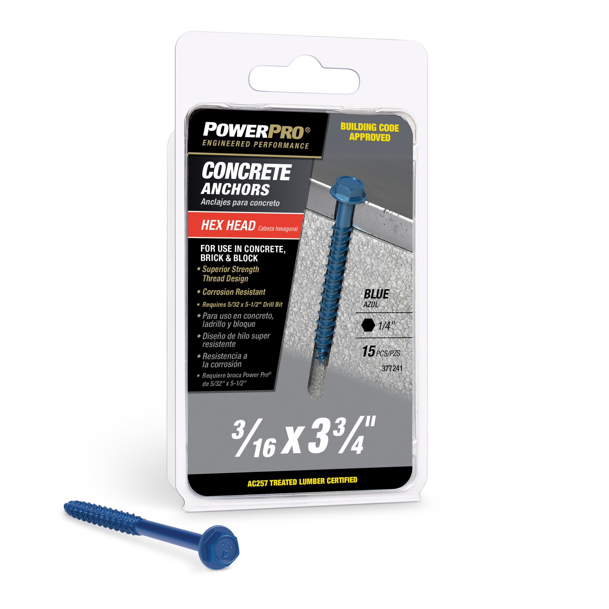 Power Pro Blue Hex Washer-Head Concrete Screw Anchor (3/16 in. x 3-3/4 in.) - 15 pc