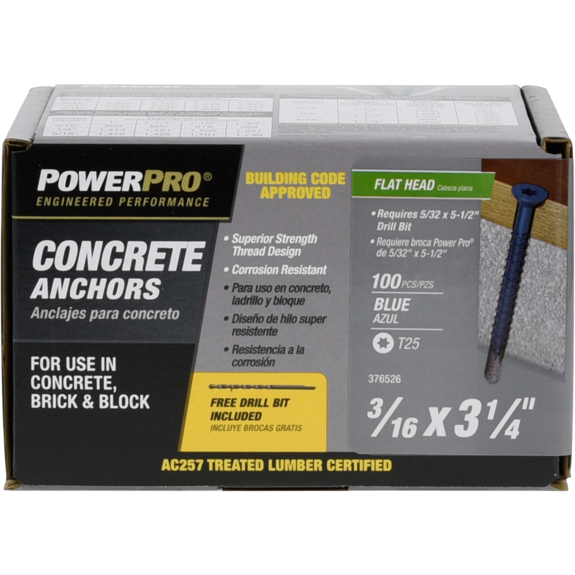 Power Pro Blue Flat-Head Concrete Screw Anchor (3/16 in. x 3-1/4 in.) - 100 pc
