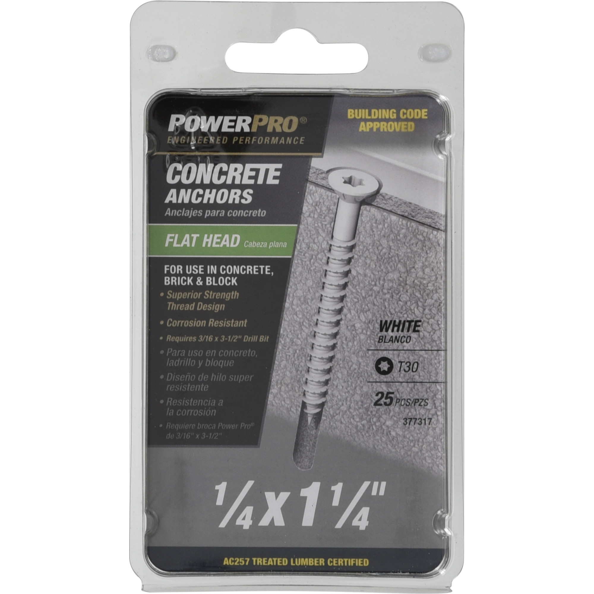 Power Pro White Flat-Head Concrete Screw Anchor (1/4 in. x 1-1/4 in.) - 25 pc