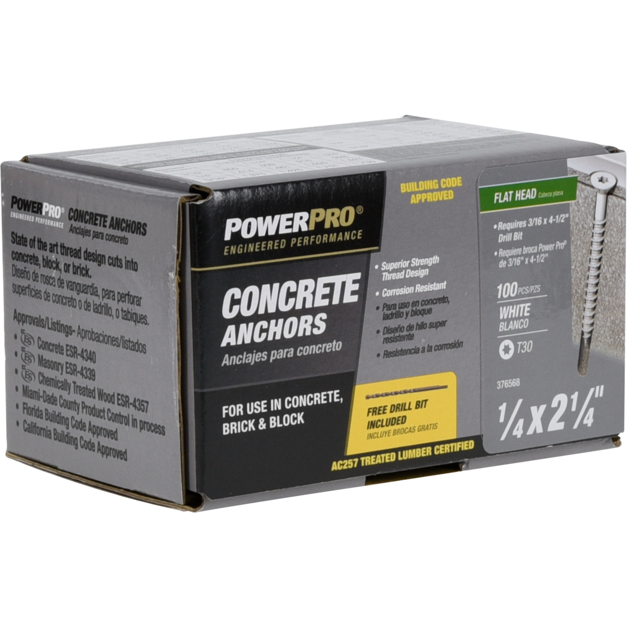 Power Pro White Flat-Head Concrete Screw Anchor (1/4 in. x 2-1/4 in.) - 100 pc