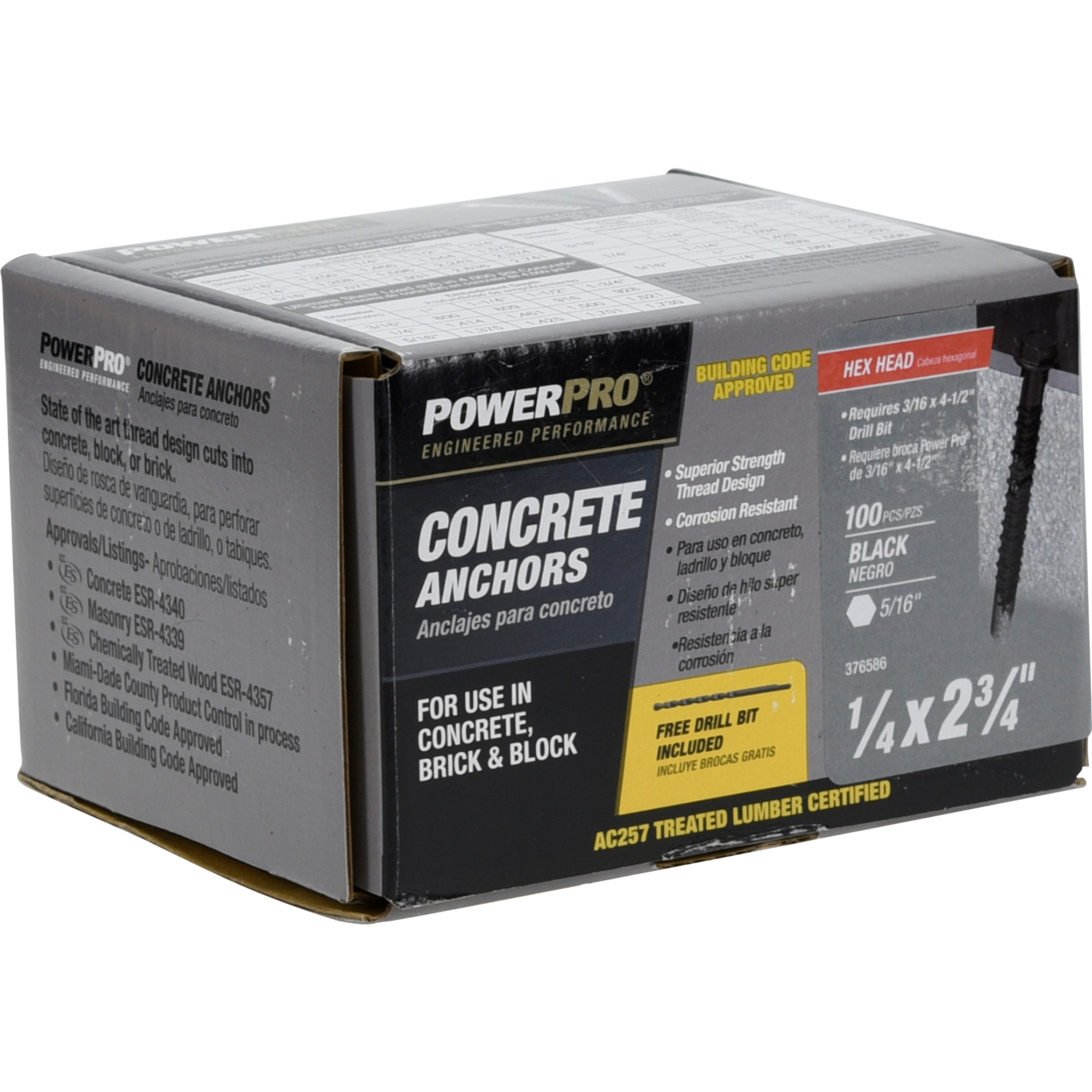 Power Pro Black Hex Washer-Head Concrete Screw Anchor (1/4 in. x 2-3/4 in.) - 100 pc